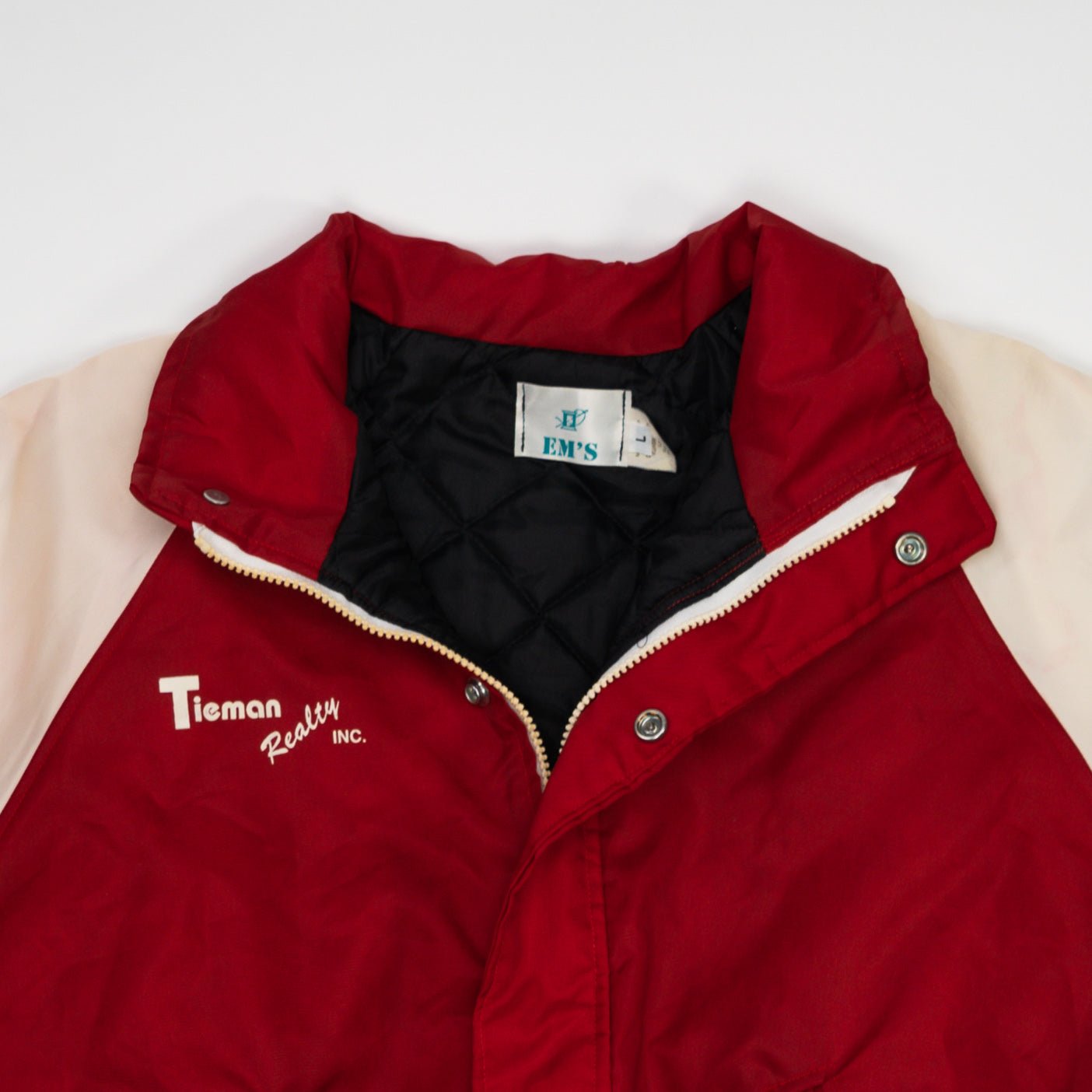 Vintage 80s Red + White Tieman Realty Inc Bomber Jacket (L) | Rebalance Vintage.