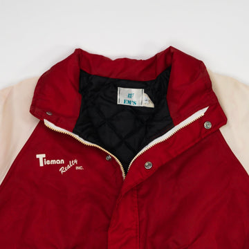 Vintage 80s Red + White Tieman Realty Inc Bomber Jacket (L) | Rebalance Vintage.