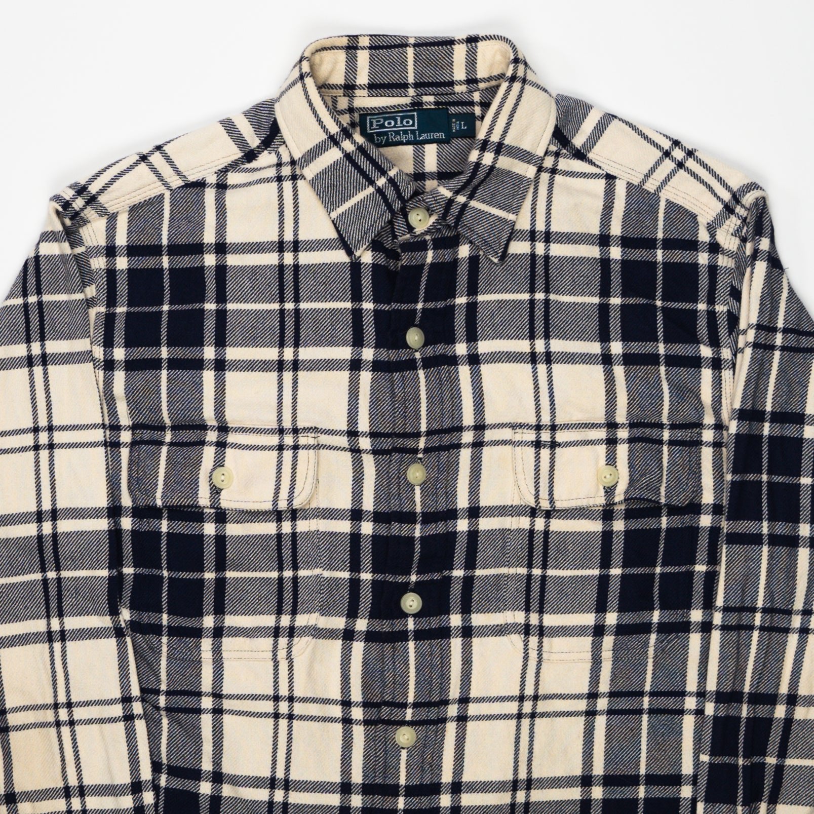 Vintage 90s Cream + Blue Plaid Polo RL Button Up (L) | Rebalance Vintage.