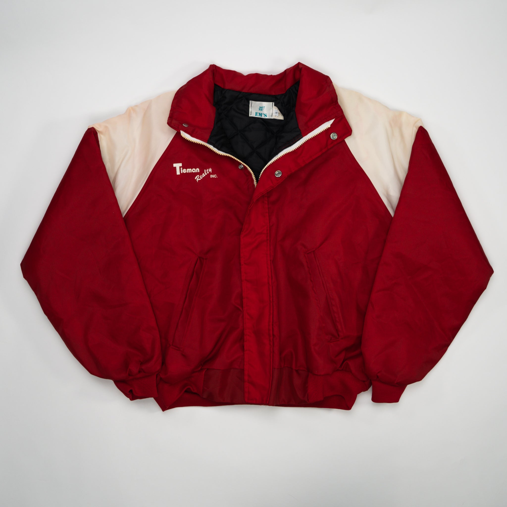 Vintage 80s Red + White Tieman Realty Inc Bomber Jacket (L) | Rebalance Vintage.