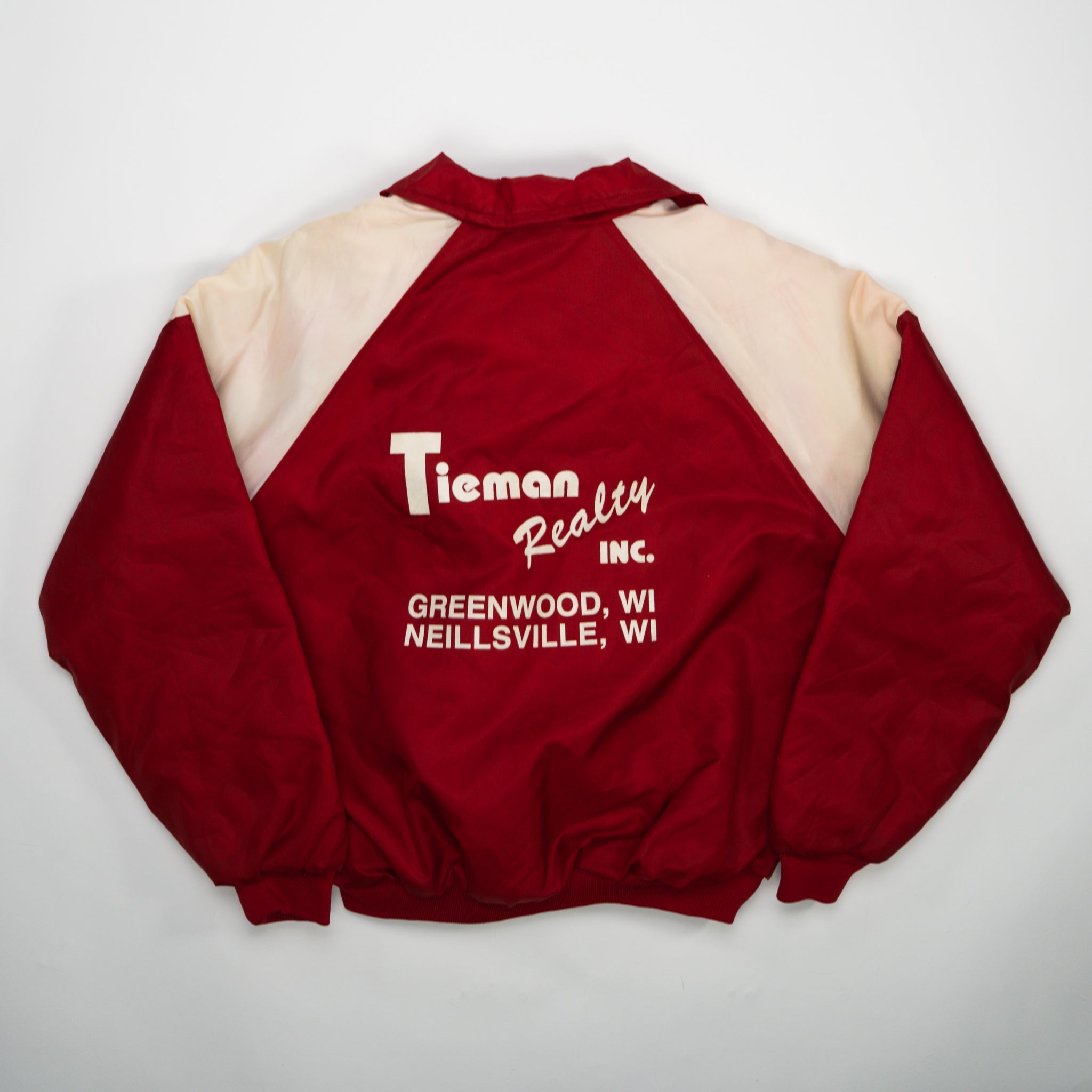 Vintage 80s Red + White Tieman Realty Inc Bomber Jacket (L) | Rebalance Vintage.