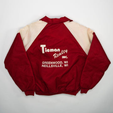Vintage 80s Red + White Tieman Realty Inc Bomber Jacket (L) | Rebalance Vintage.
