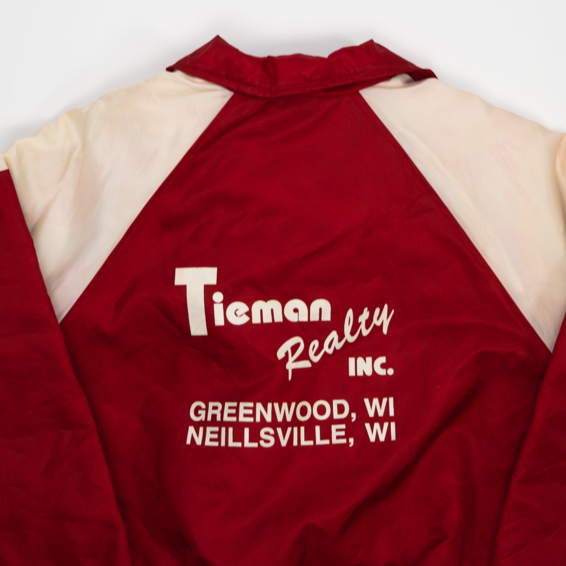 Vintage 80s Red + White Tieman Realty Inc Bomber Jacket (L) | Rebalance Vintage.