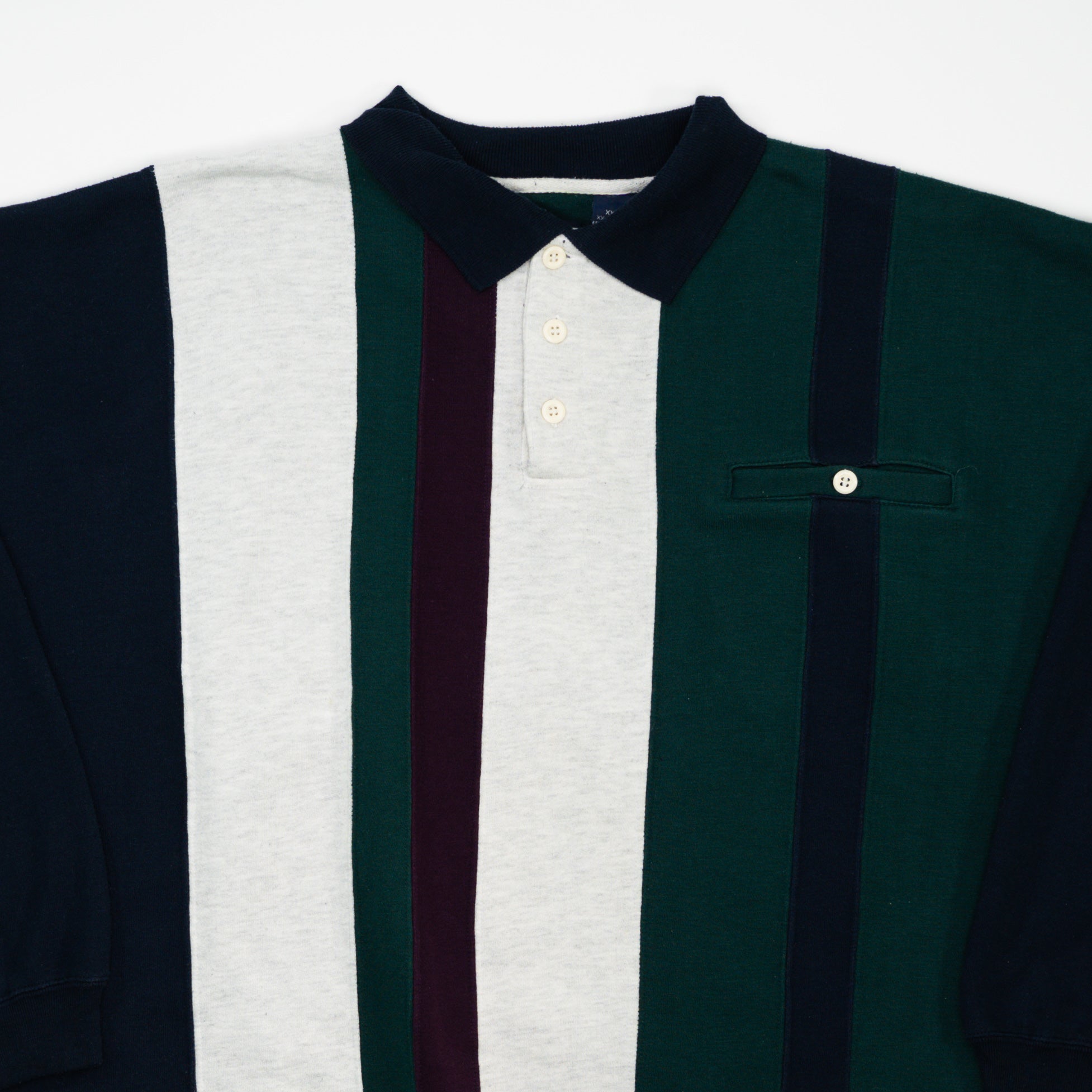 Vintage 90s Navy, Green + Grey Striped Collared Crewneck (XXL)