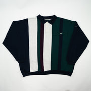 Vintage 90s Navy, Green + Grey Striped Collared Crewneck (XXL)