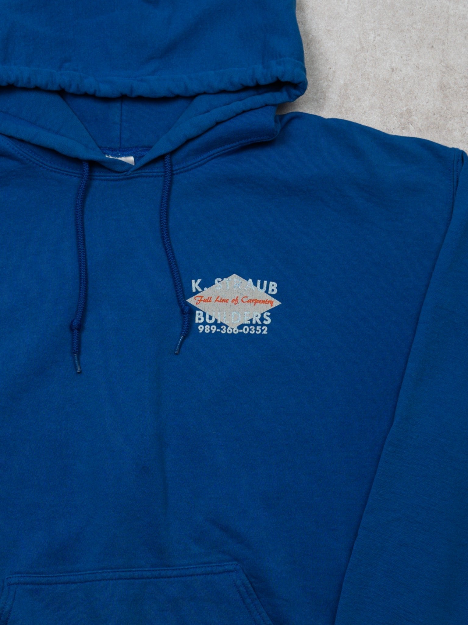 Vintage 90s Blue K. Straub Carpentry Hoodie (L)