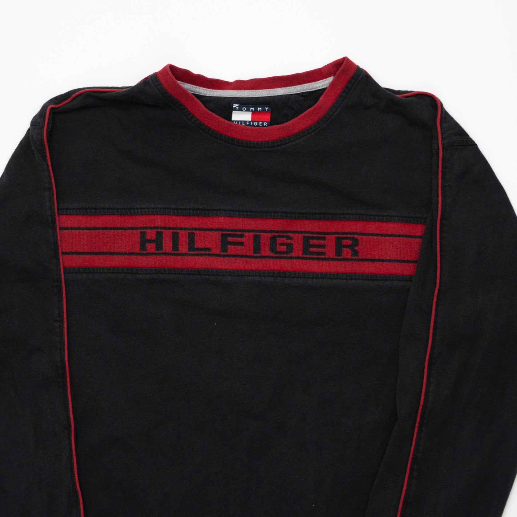 Vintage Black + Red Hilfiger Spell Out Long Sleeve (M/L) | Rebalance Vintage.
