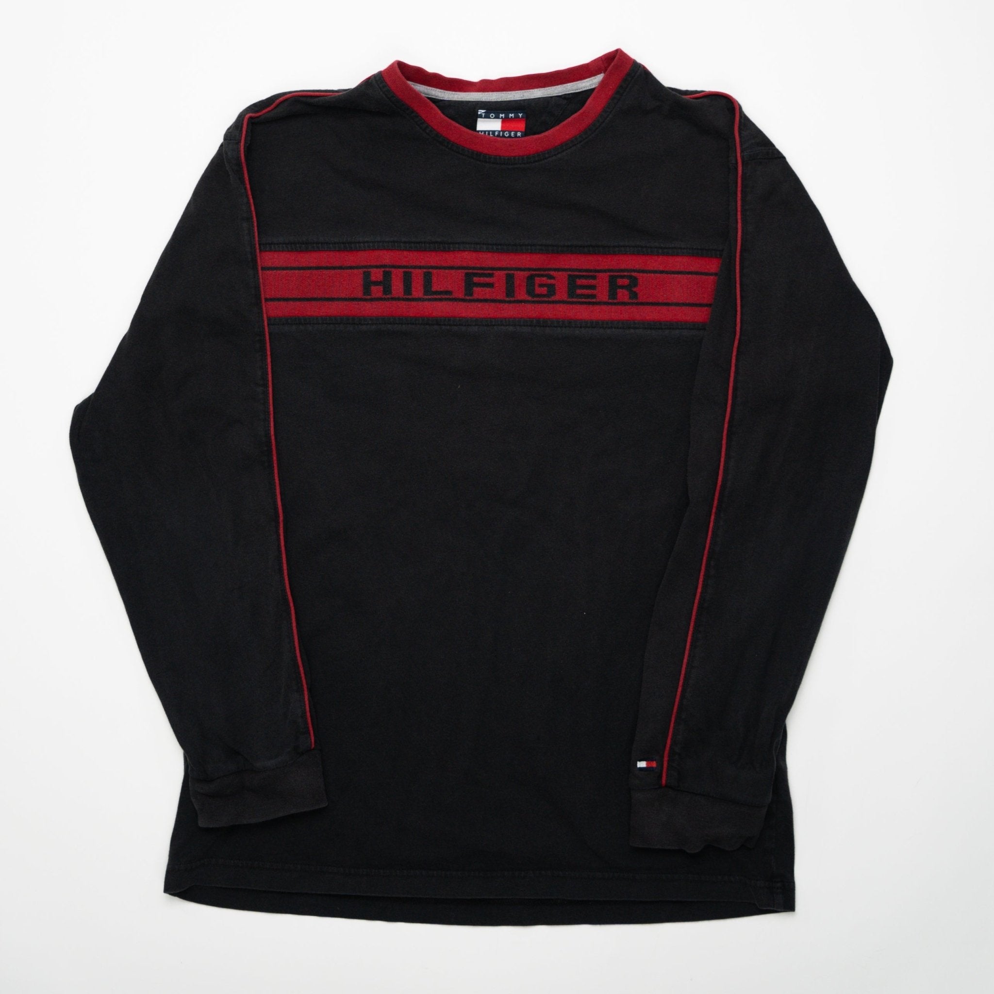 Vintage Black + Red Hilfiger Spell Out Long Sleeve (M/L) | Rebalance Vintage.