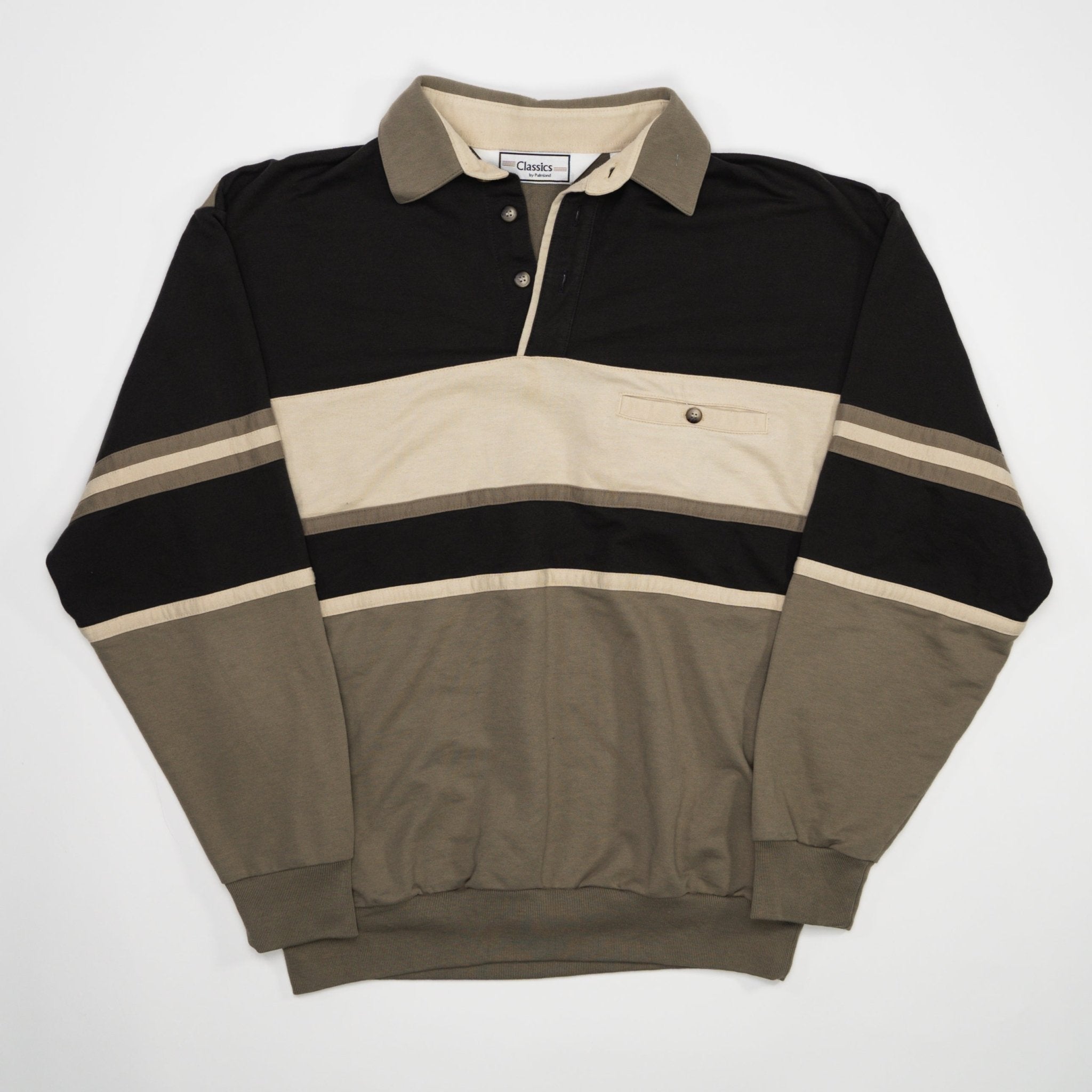 Vintage 80s Brown Tri Colour Quarter Button Crewneck (L) | Rebalance Vintage.