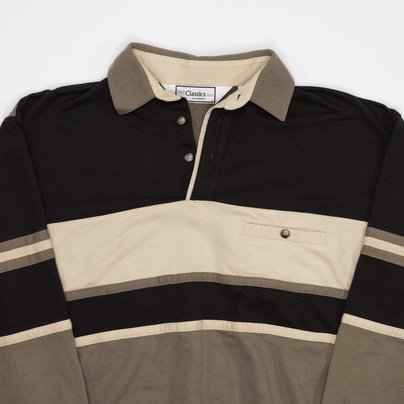 Vintage 80s Brown Tri Colour Quarter Button Crewneck (L) | Rebalance Vintage.