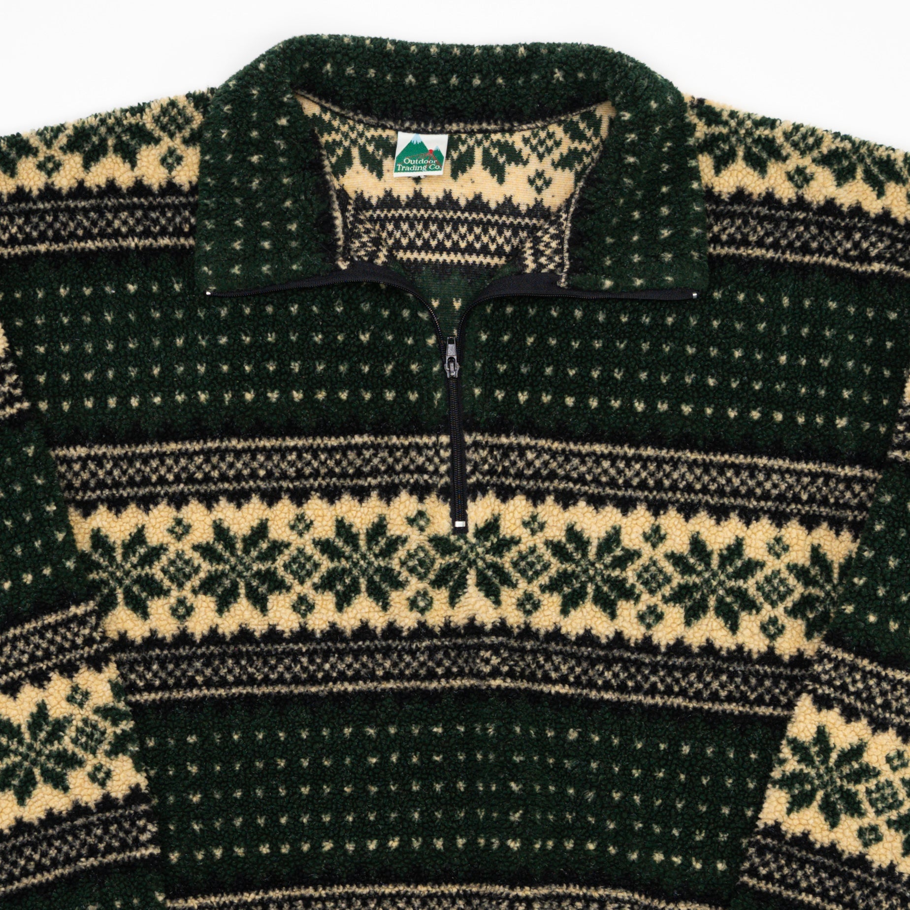 Vintage Green + Beige Pattern Fleece 1/4 Zip Sweater (L/XL)