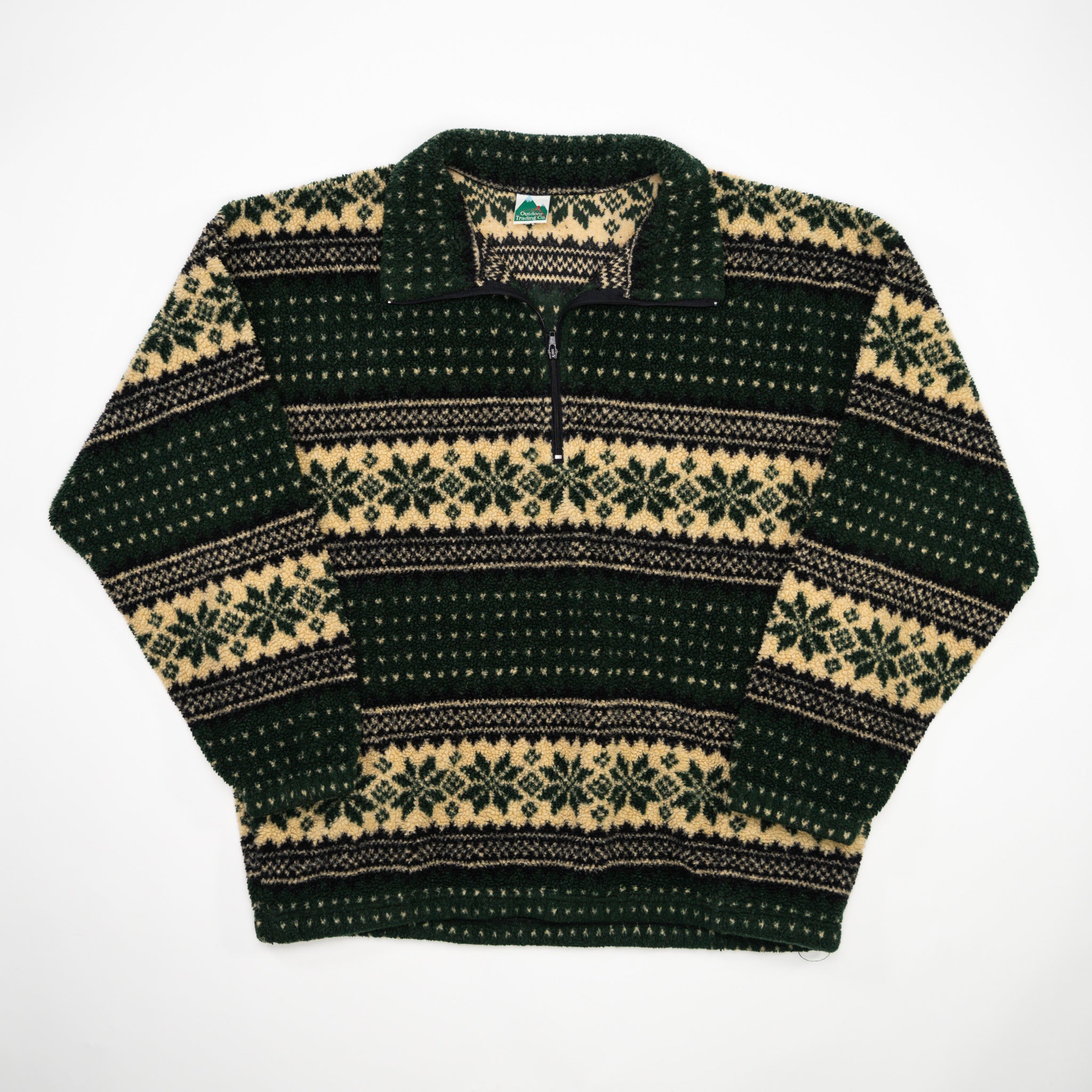 Vintage Green + Beige Pattern Fleece 1/4 Zip Sweater (L/XL)