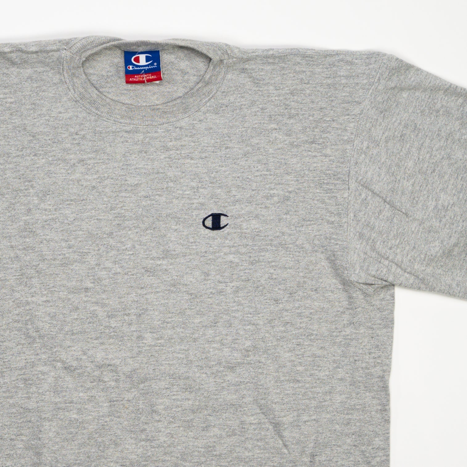 Vintage Grey Champion Embroidered Logo Tee (M) | Rebalance Vintage.