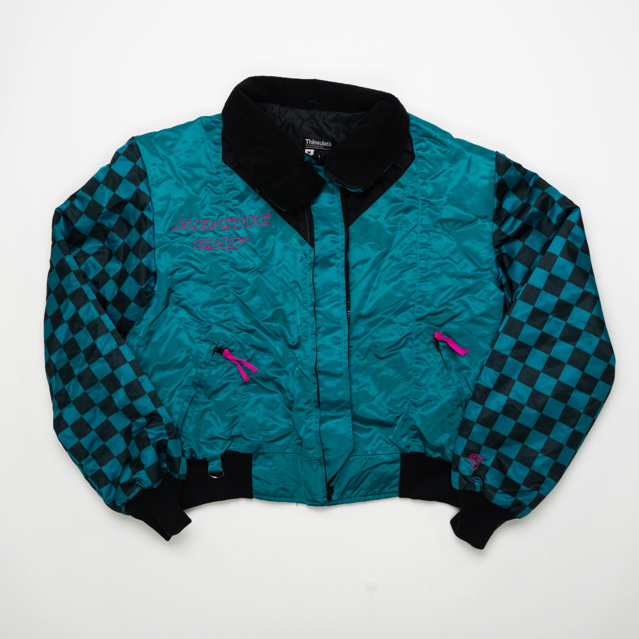 Vintage RARE Turquoise Checkered Arctic Cat Bomber Jacket (M) | Rebalance Vintage.