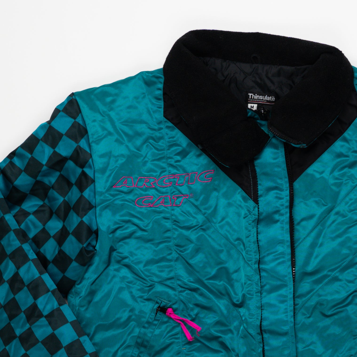 Vintage RARE Turquoise Checkered Arctic Cat Bomber Jacket (M) | Rebalance Vintage.