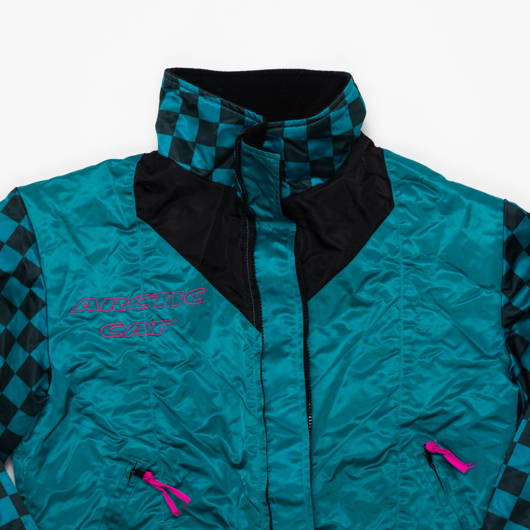 Vintage RARE Turquoise Checkered Arctic Cat Bomber Jacket (M) | Rebalance Vintage.