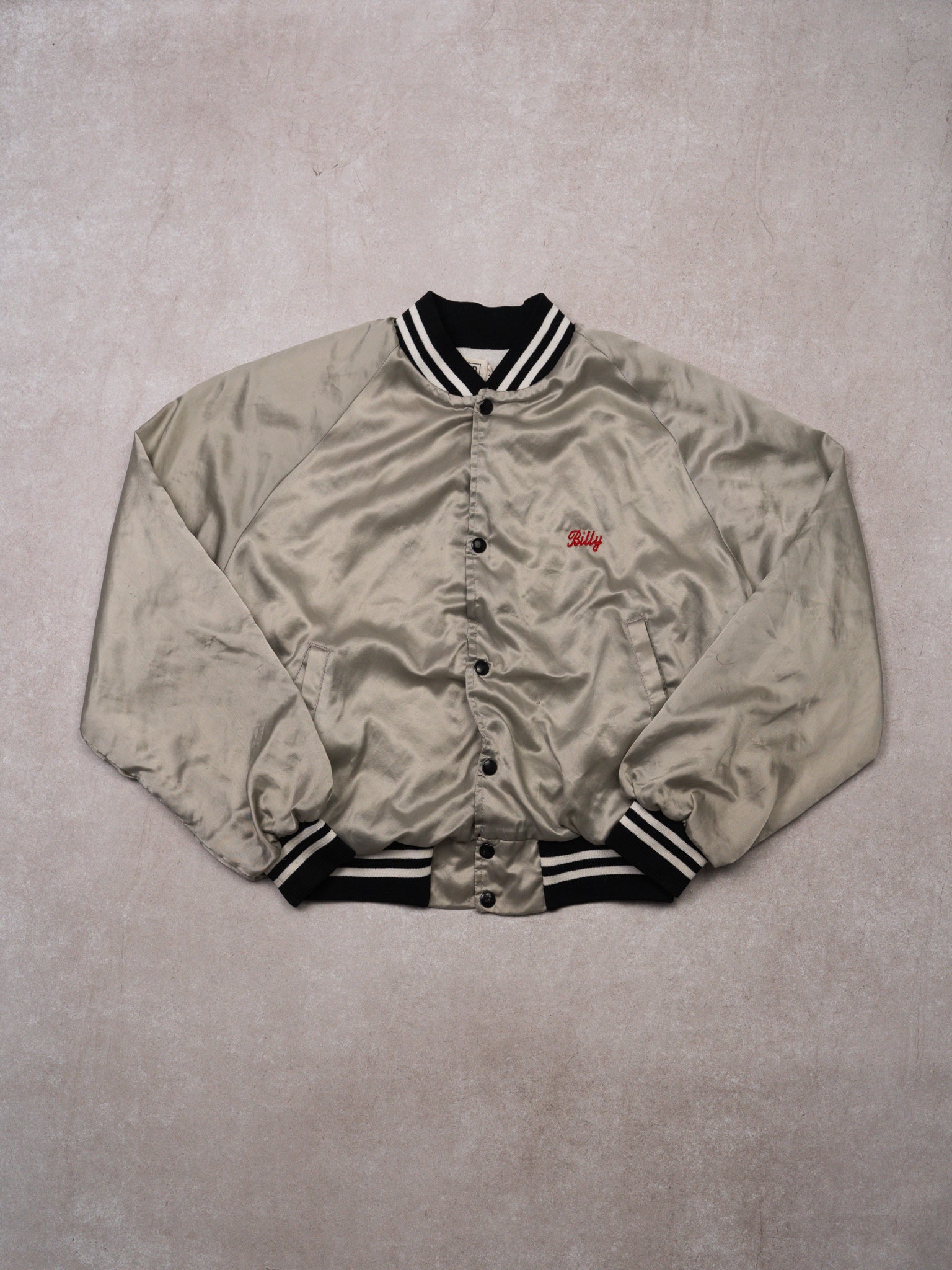 Vintage 80s Grey 'Can You Dig It' Satin Bomber Jacket (M)