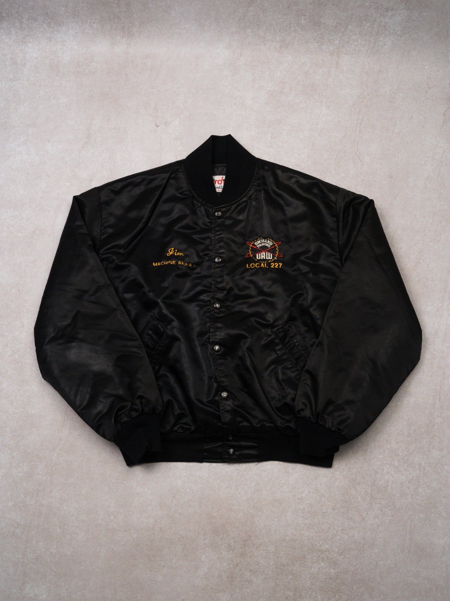 Vintage 80s Black Skilled Trades Local 227 Satin Bomber (XL)