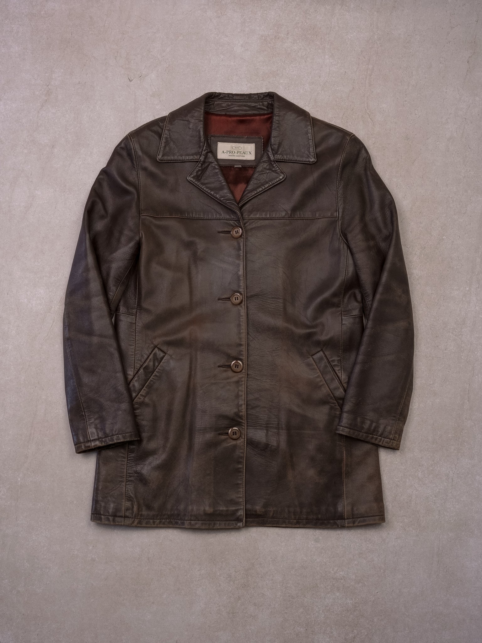 Vintage 90s Brown A-PRO-PEAUX Leather Longcoat (S)
