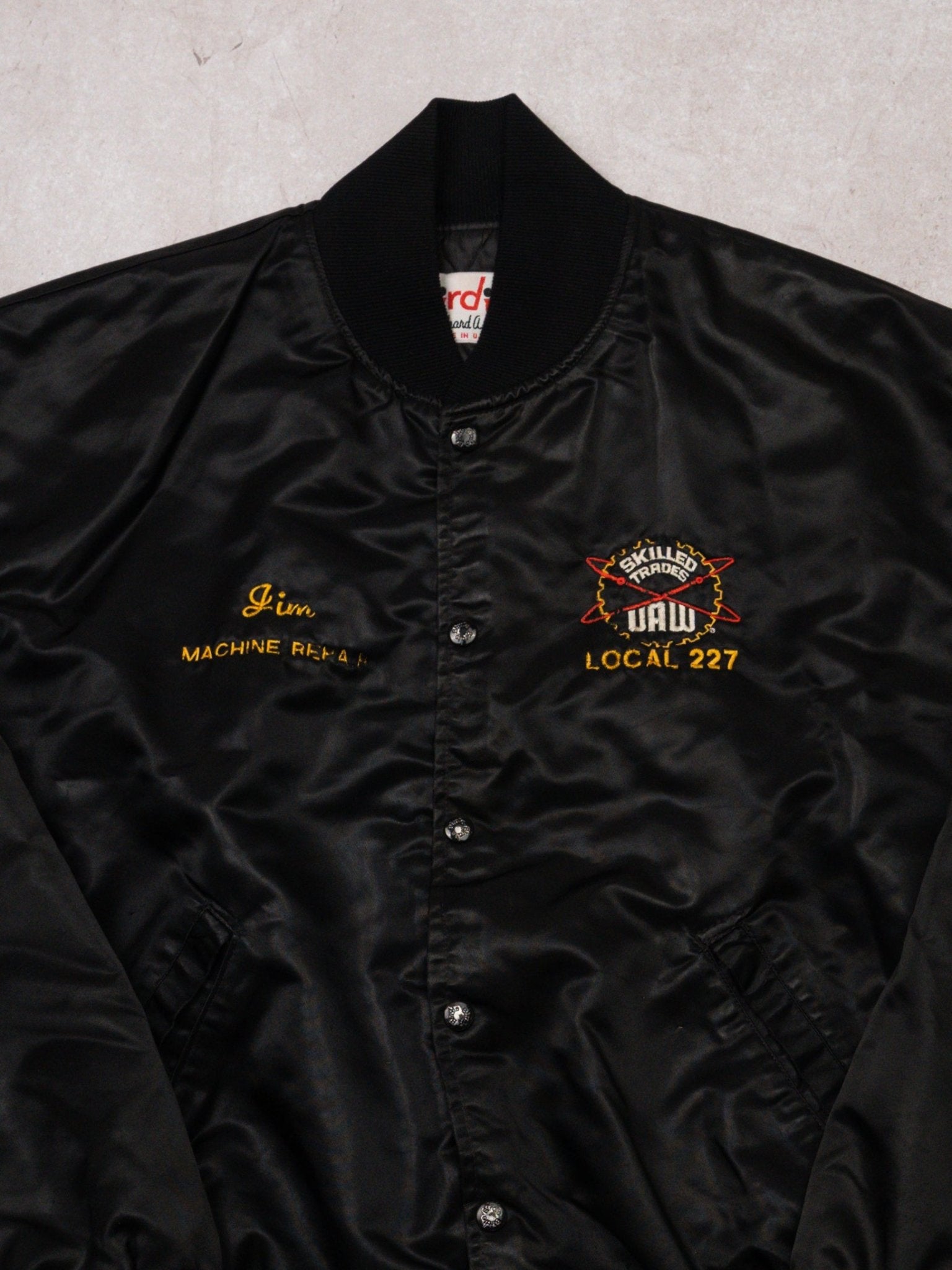 Vintage 80s Black Skilled Trades Local 227 Satin Bomber (XL)