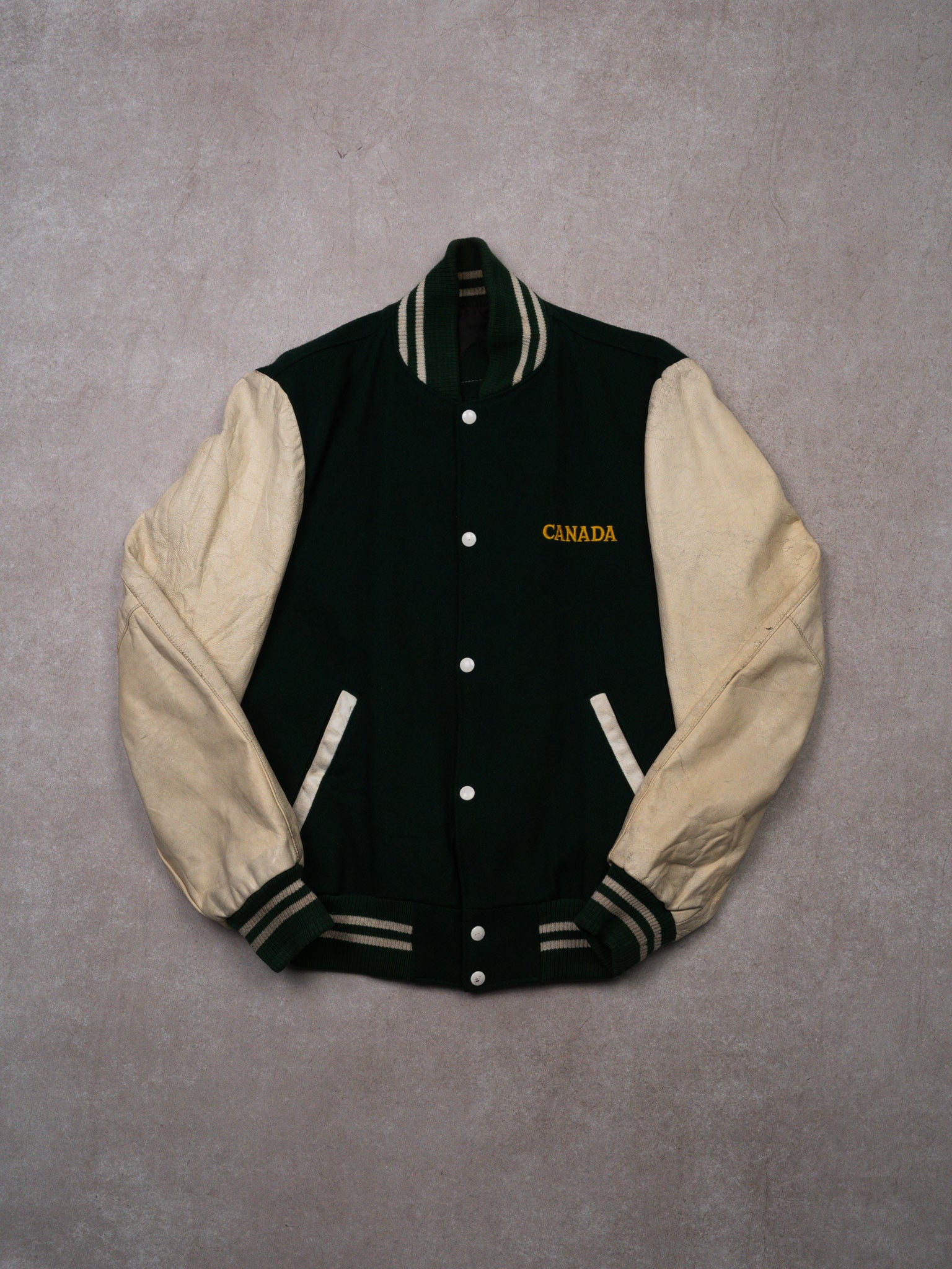 Vintage 80s Green + Cream 'Canada' Letterman Jacket (M/L)