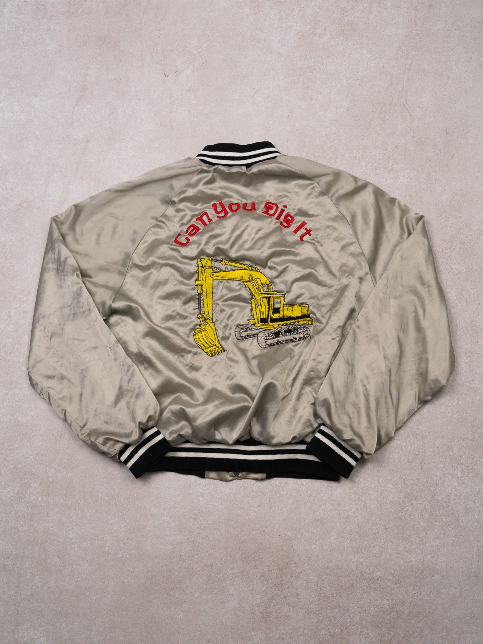 Vintage 80s Grey 'Can You Dig It' Satin Bomber Jacket (M)