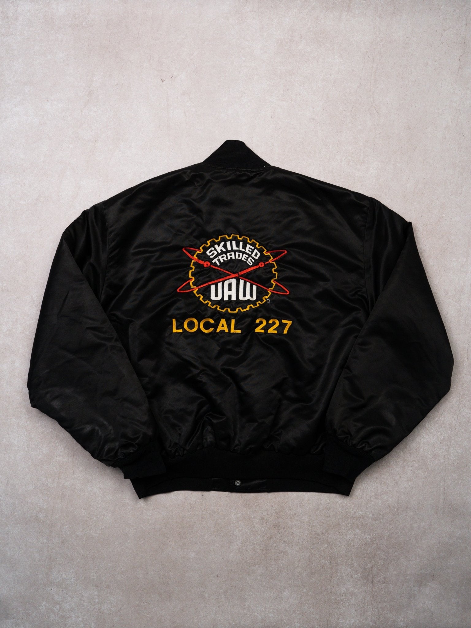 Vintage 80s Black Skilled Trades Local 227 Satin Bomber (XL)