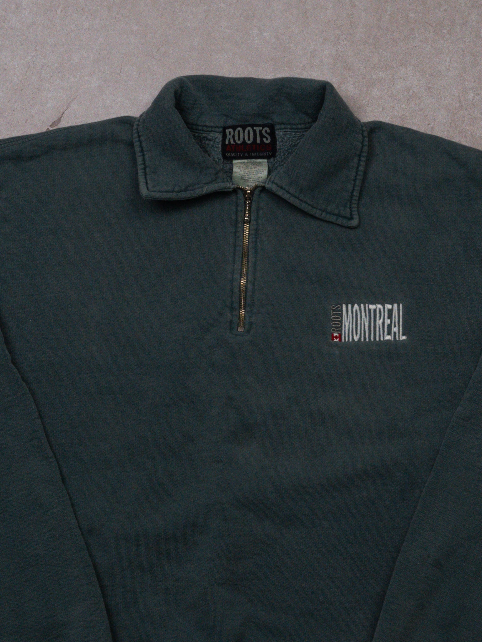 Vintage 90s Faded Teal Roots Montreal 1/4 Zip Sweater (L)