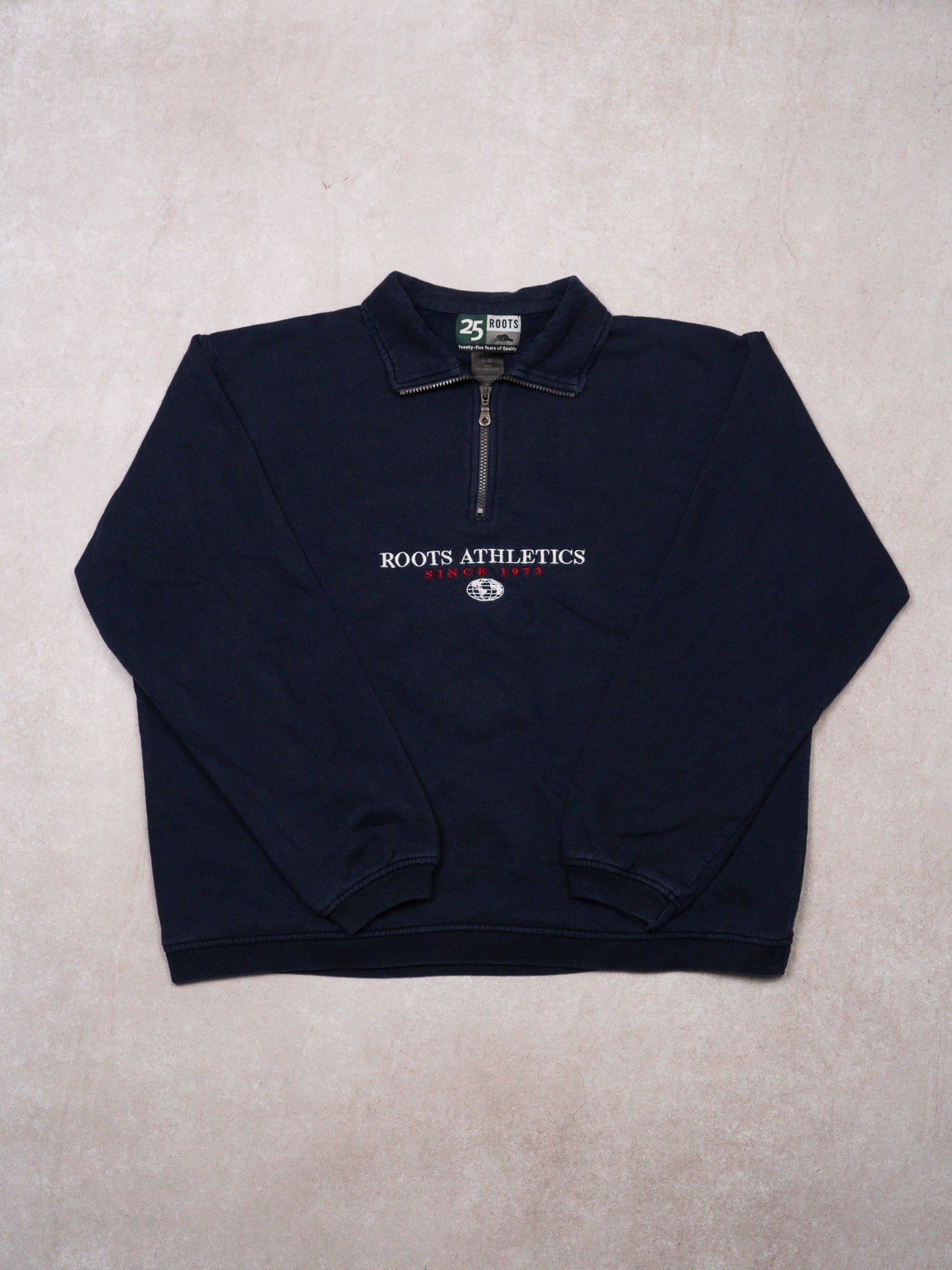 Vintage 90s Navy Roots Athletics Globe 1/4 Zip Sweater (L/XL)