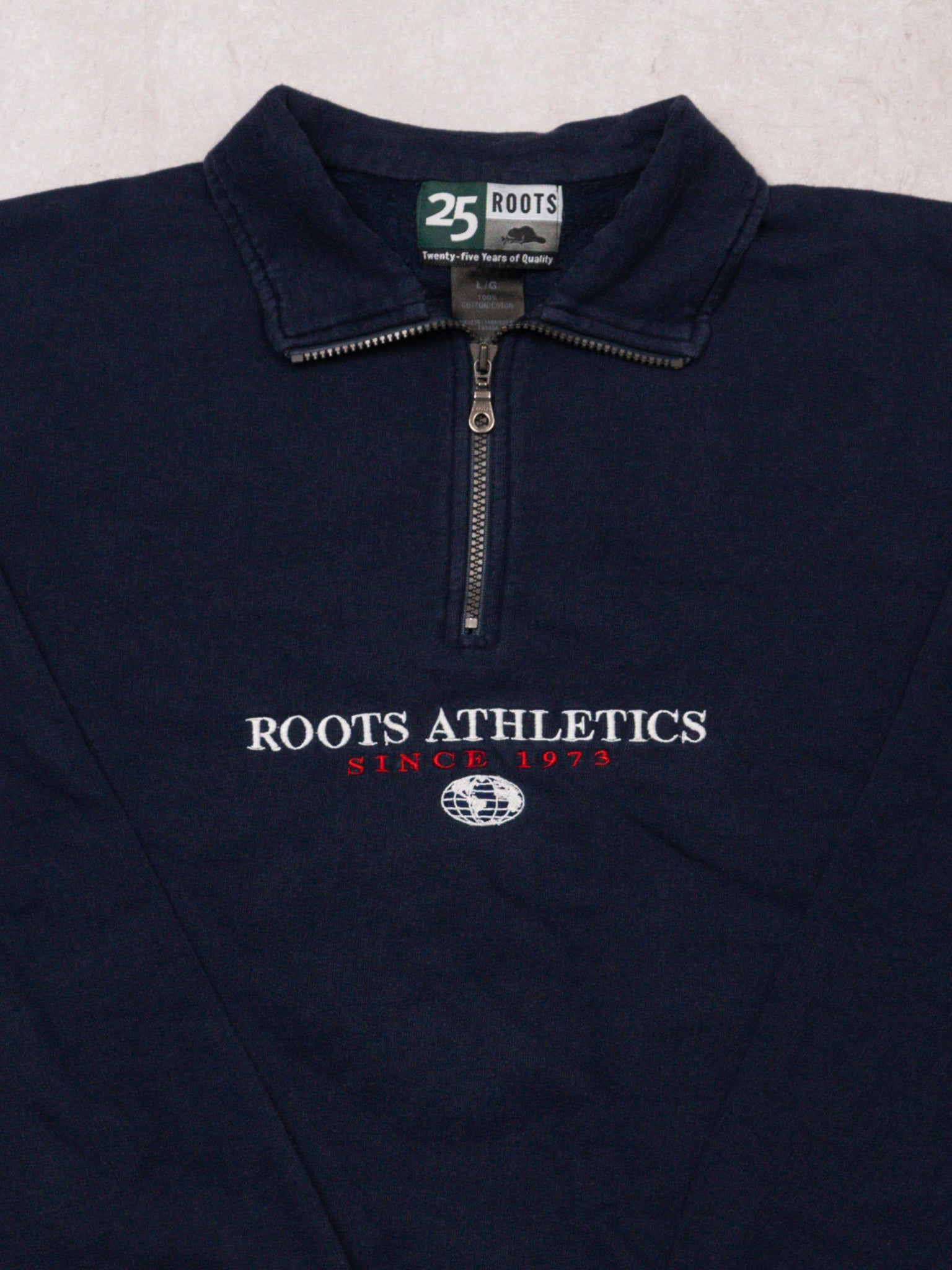Vintage 90s Navy Roots Athletics Globe 1/4 Zip Sweater (L/XL)