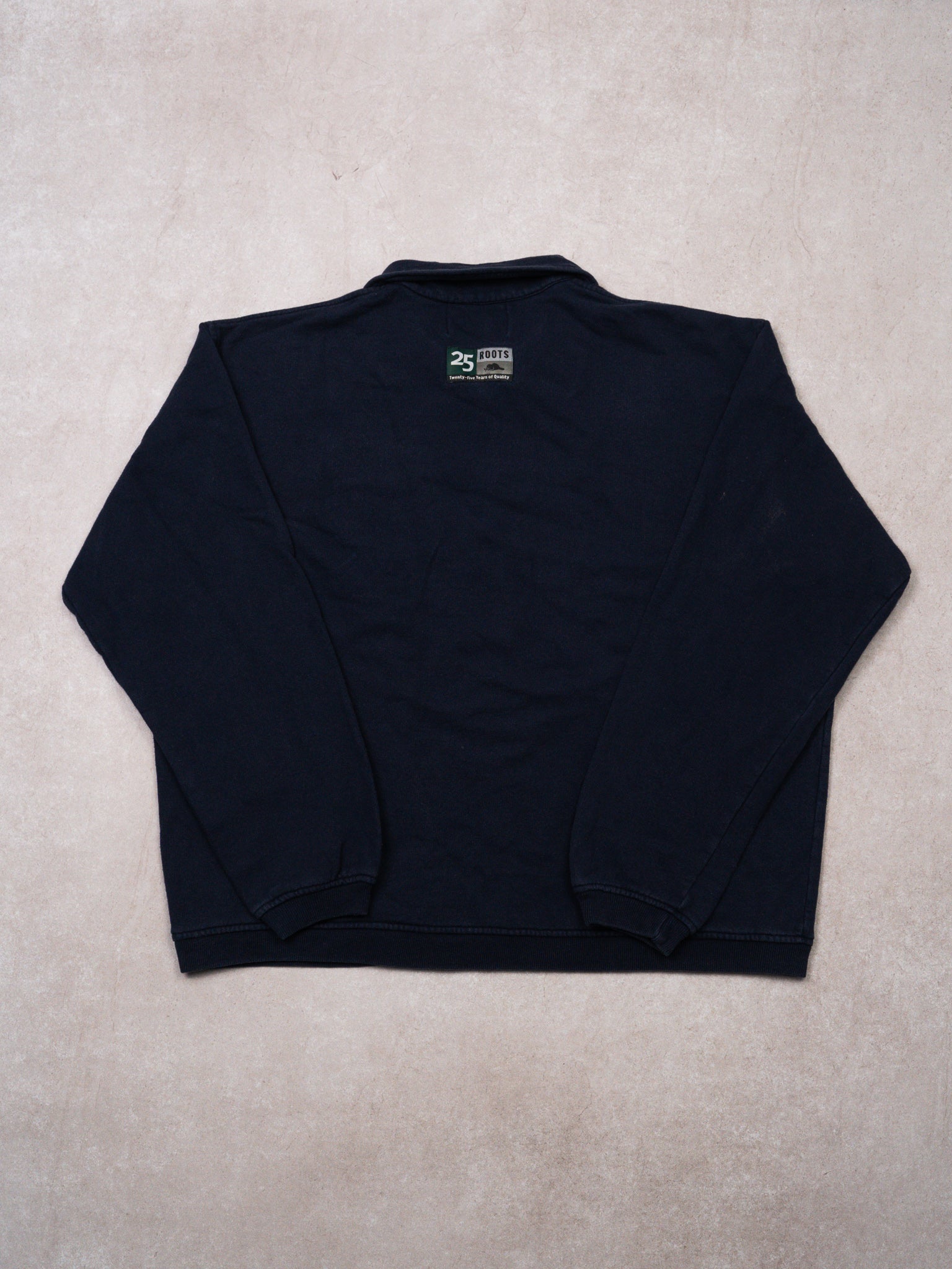 Vintage 90s Navy Roots Athletics Globe 1/4 Zip Sweater (L/XL)