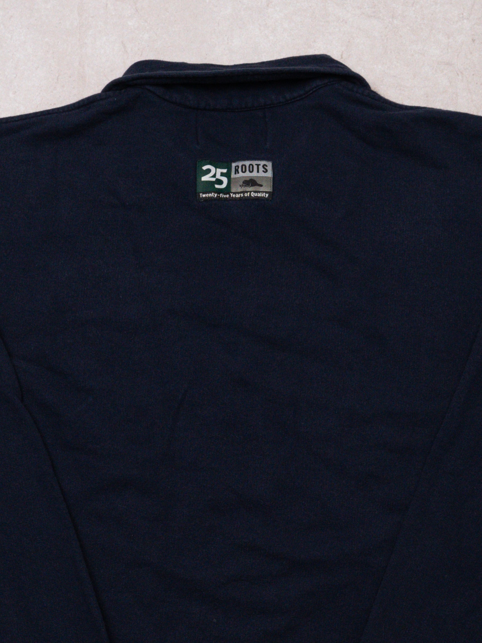 Vintage 90s Navy Roots Athletics Globe 1/4 Zip Sweater (L/XL)