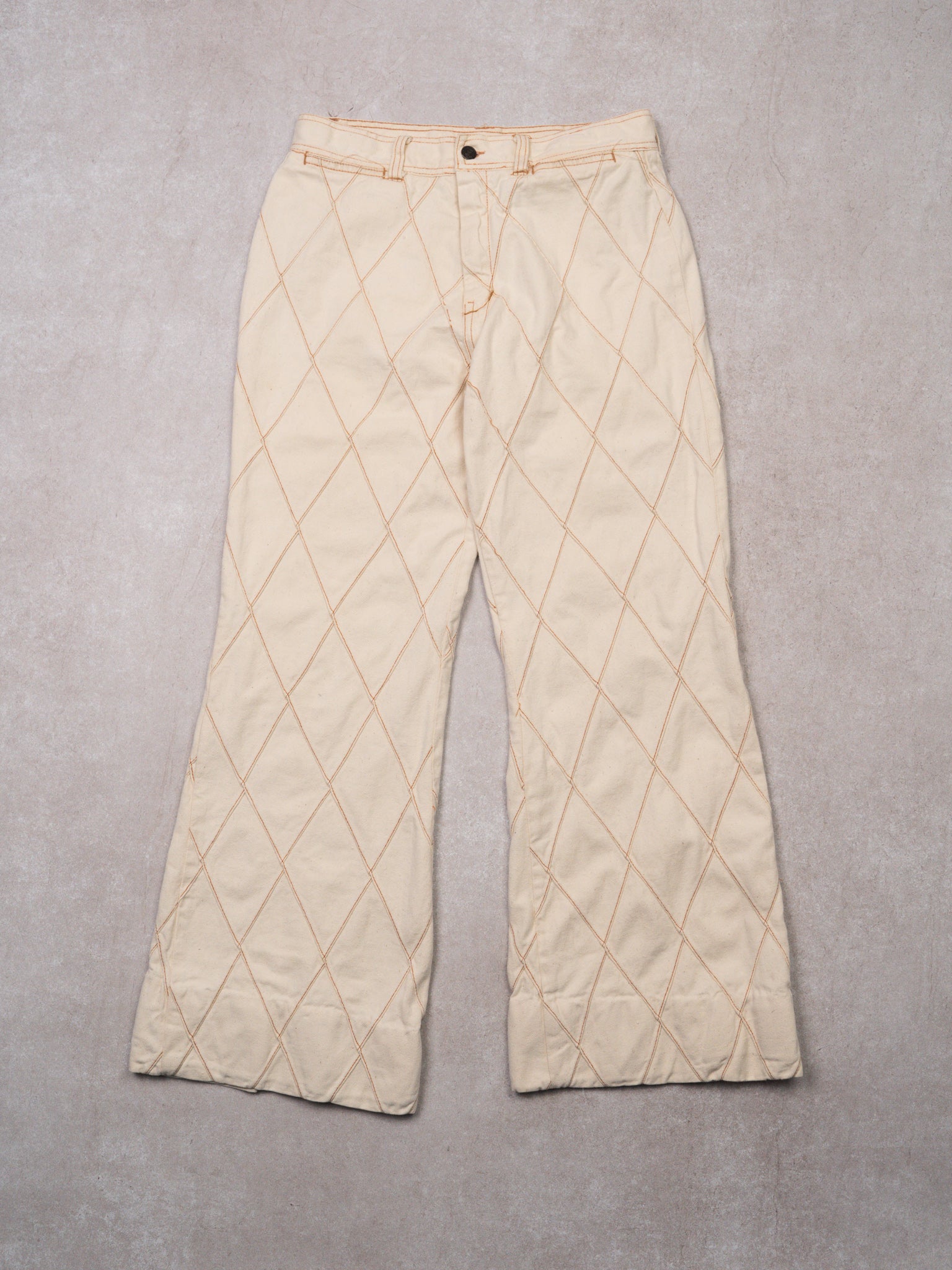 Vintage 70s Wild Oats Cream Diamond Patterned Flared Pants (30 x 30)