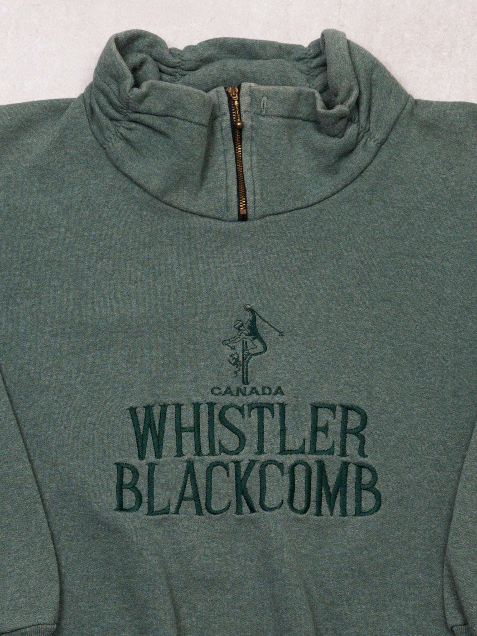 Vintage 80s Washed Green Whistler Blackcomb 1/4 ZIp Sweater (S)