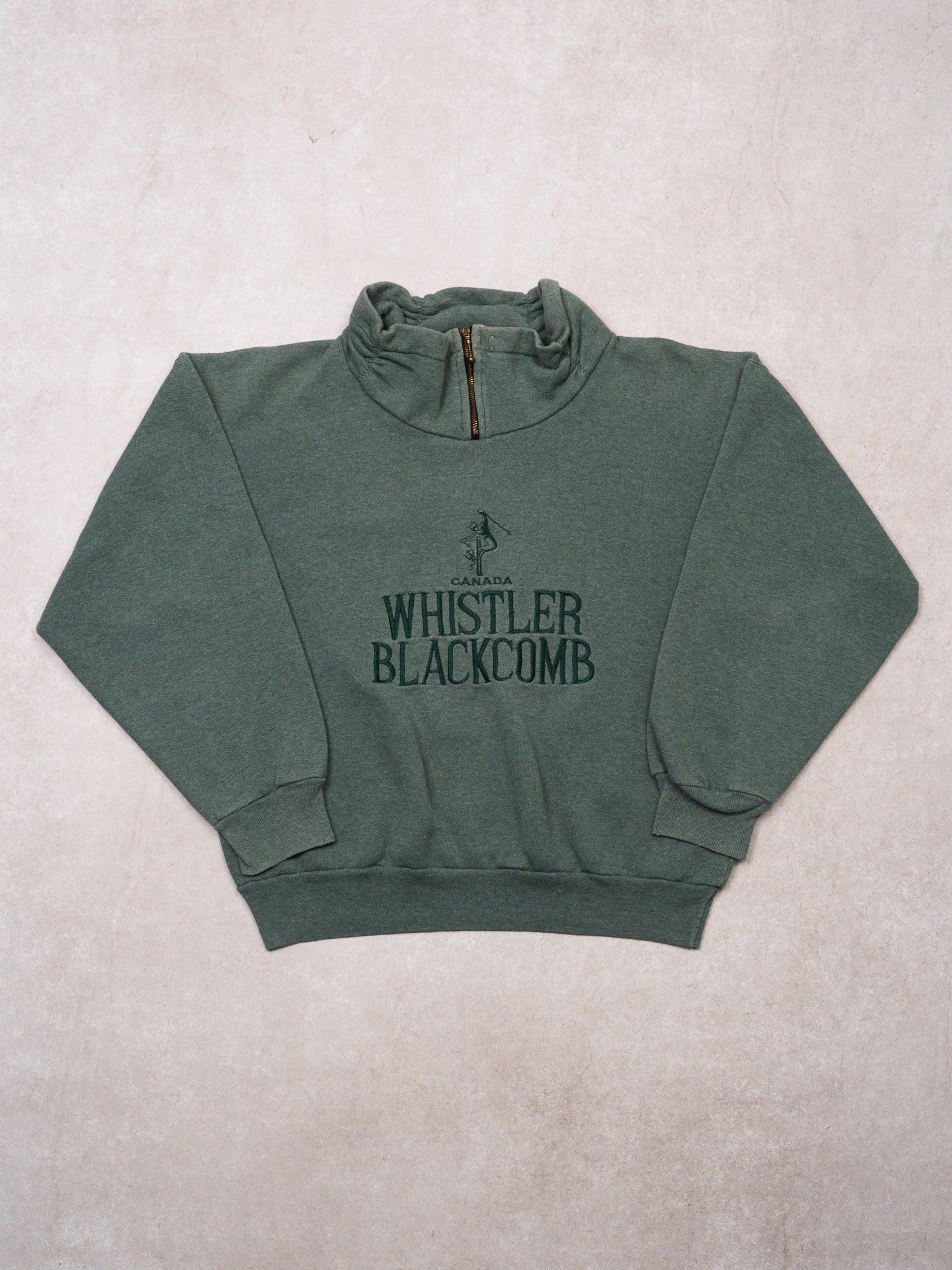 Vintage 80s Washed Green Whistler Blackcomb 1/4 ZIp Sweater (S)