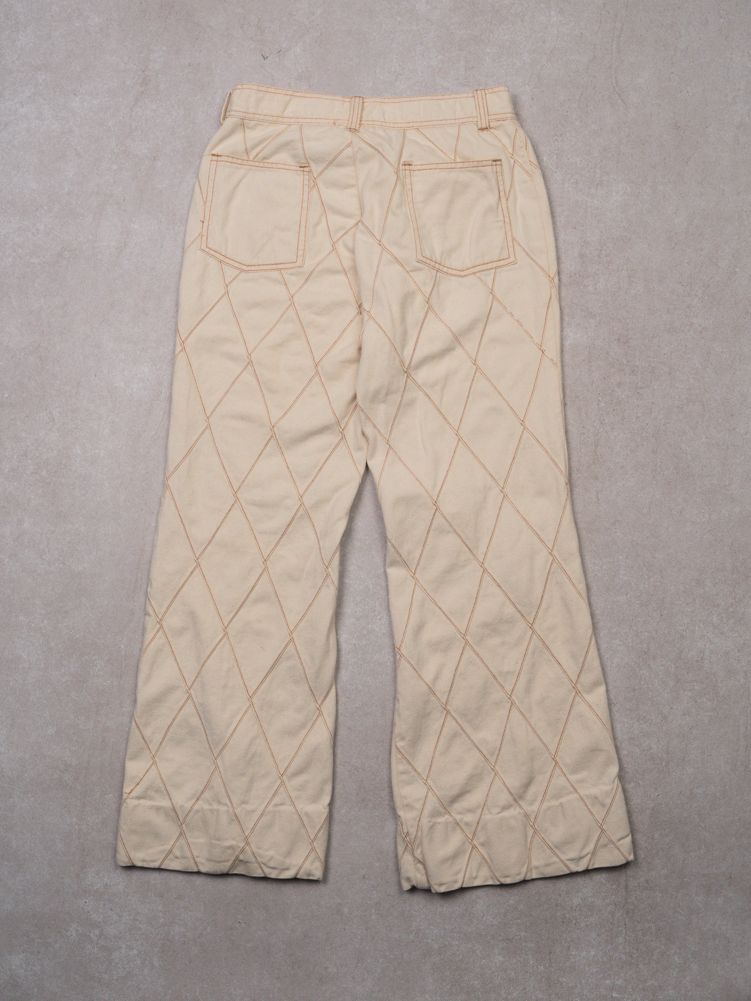 Vintage 70s Wild Oats Cream Diamond Patterned Flared Pants (30 x 30)