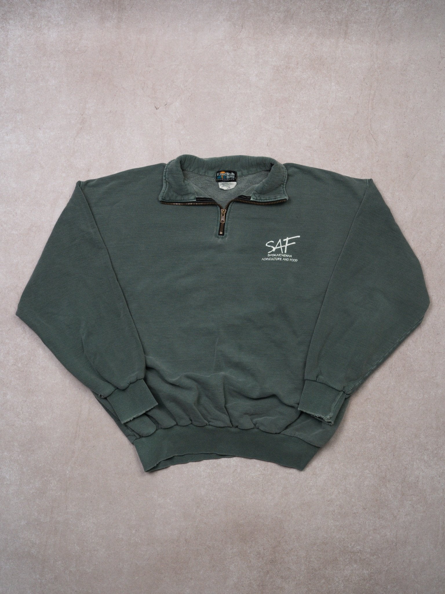Vintage 90s Washed Green SAF 1/4 Sweater (XL)