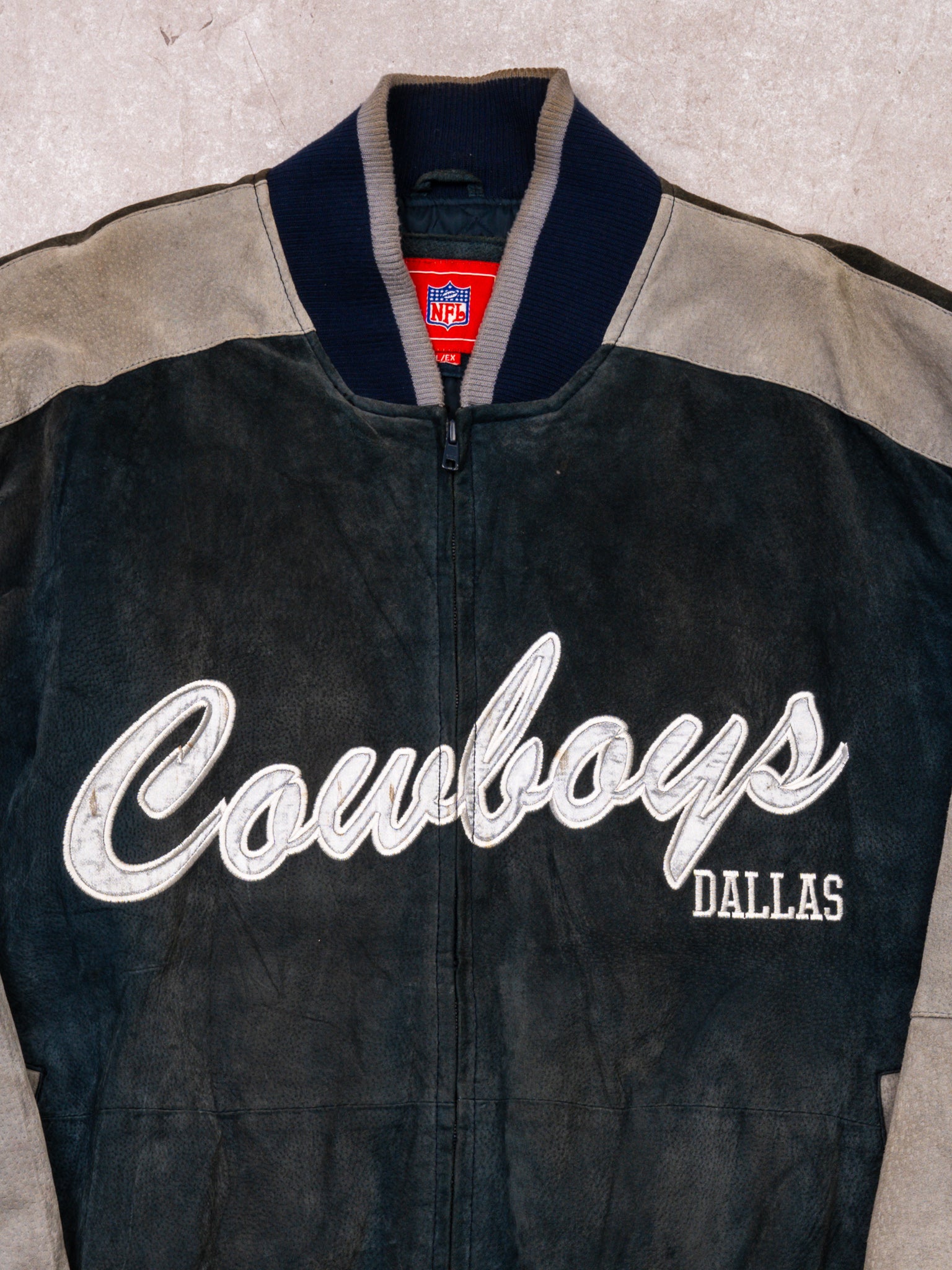 Vintage Rugged Blue + Grey Dallas Cowboys Suede Varsity Jacket  (XL/XXL)