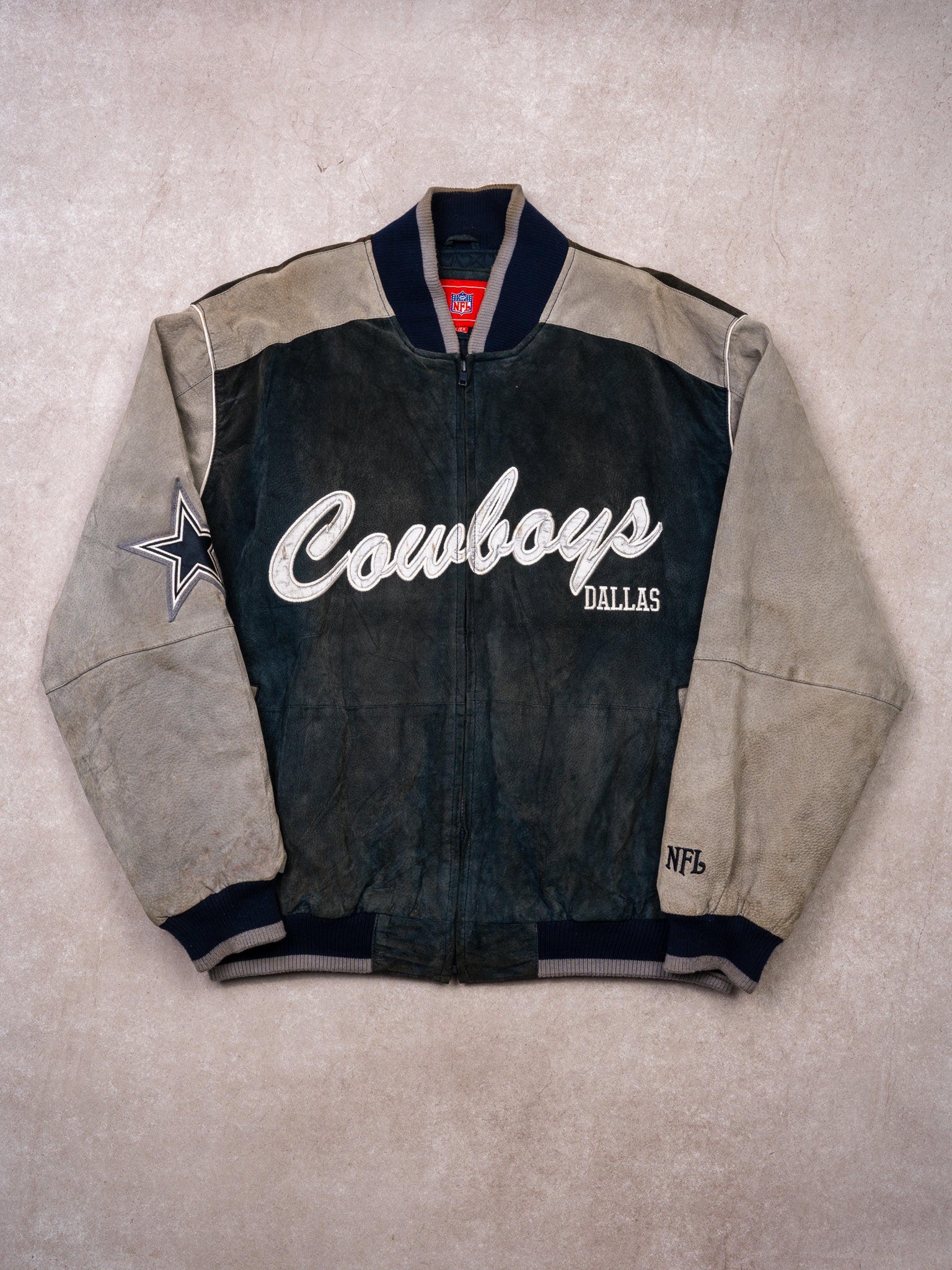 Vintage Rugged Blue + Grey Dallas Cowboys Suede Varsity Jacket  (XL/XXL)