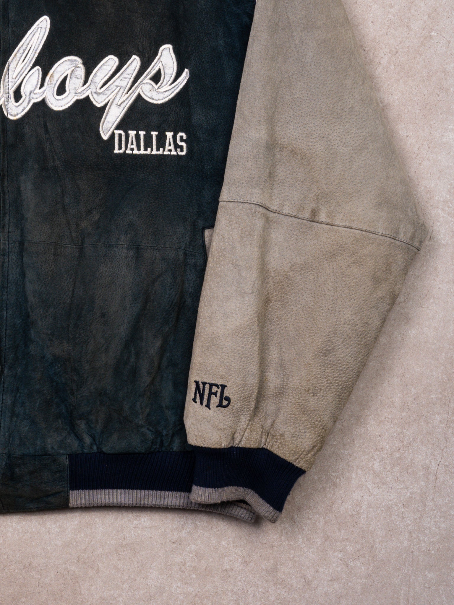 Vintage Rugged Blue + Grey Dallas Cowboys Suede Varsity Jacket  (XL/XXL)
