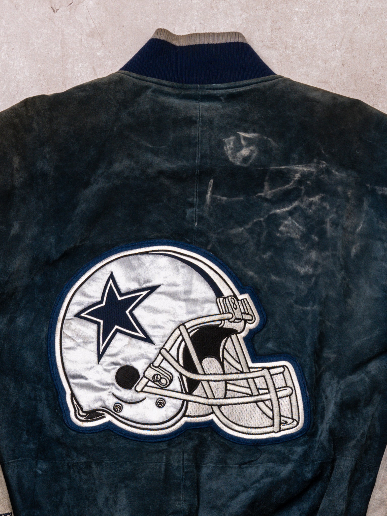 Vintage Rugged Blue + Grey Dallas Cowboys Suede Varsity Jacket  (XL/XXL)
