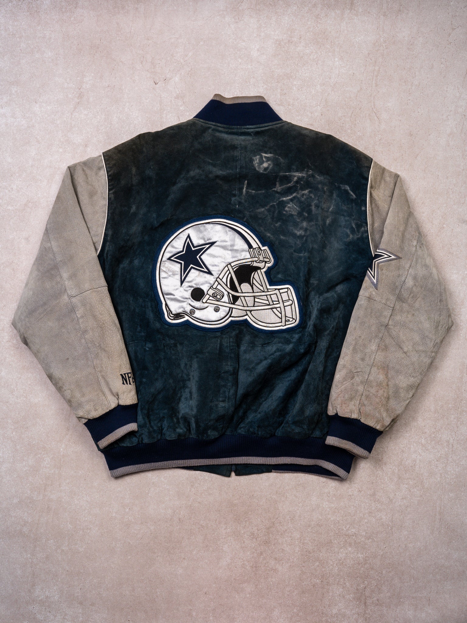 Vintage Rugged Blue + Grey Dallas Cowboys Suede Varsity Jacket  (XL/XXL)