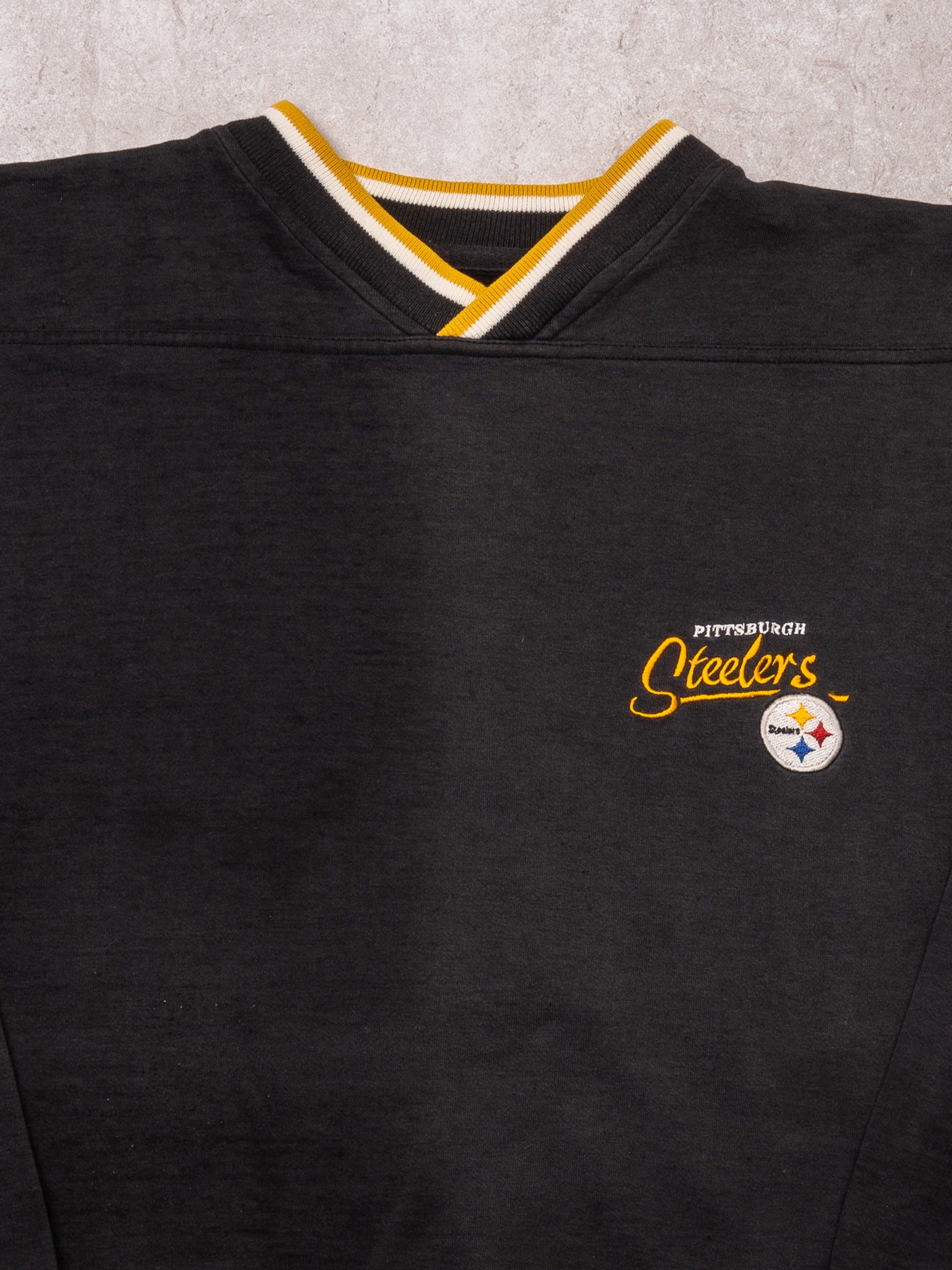Vintage Black Sun Faded V Neck Steelers Sweater (L)
