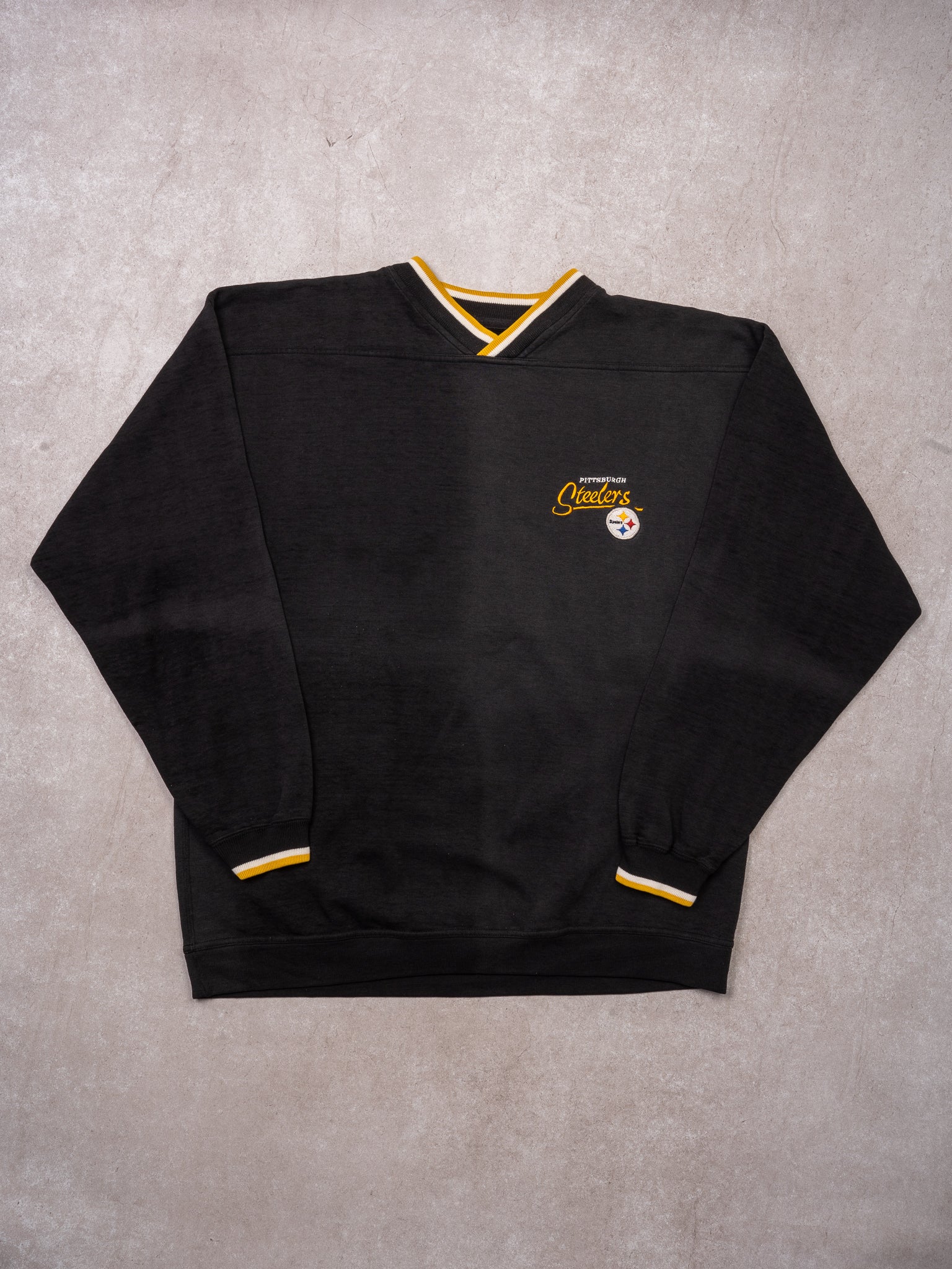 Vintage Black Sun Faded V Neck Steelers Sweater (L)