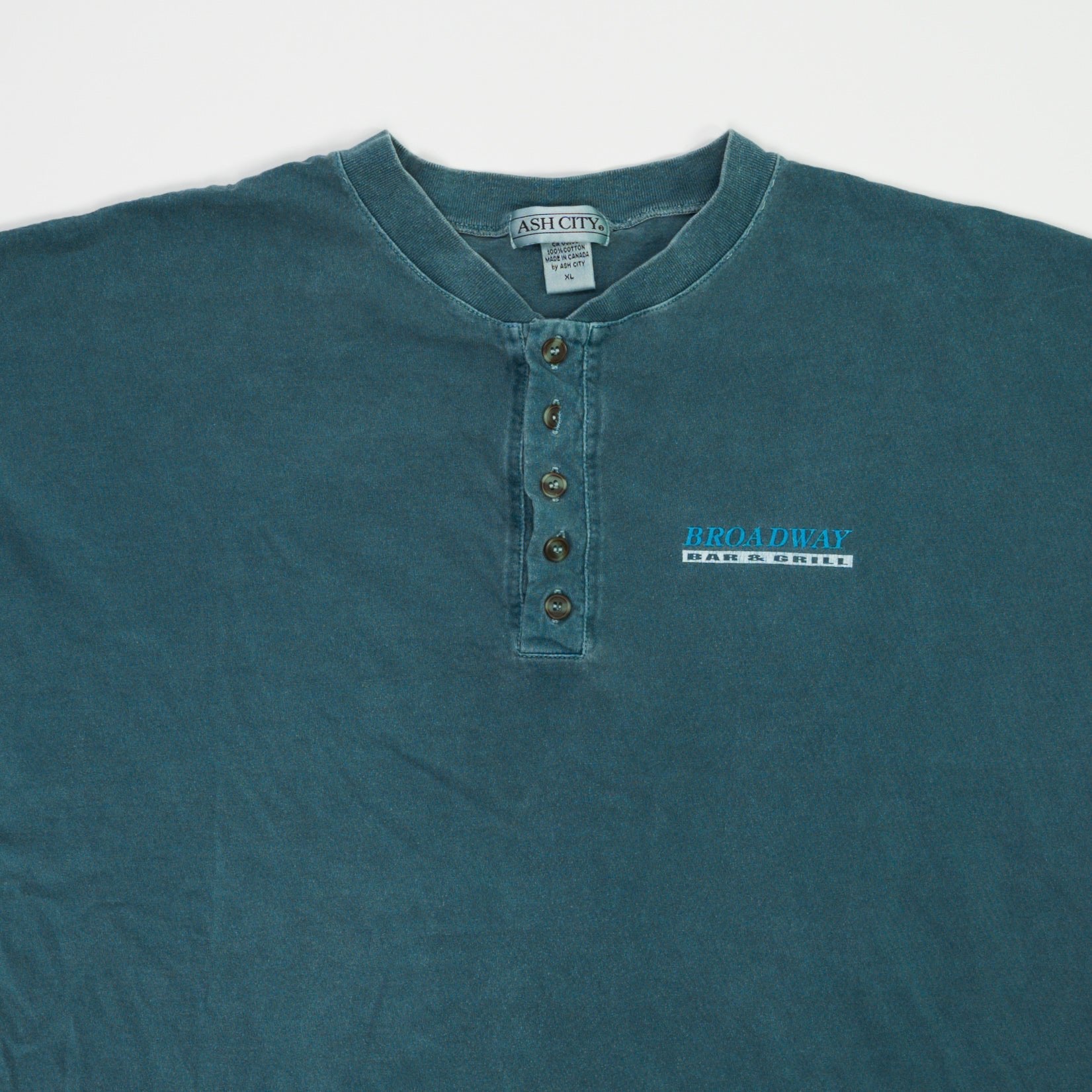 Vintage Washed Aqua Broadway Bar + Grill 1/4 Button Tee (L)