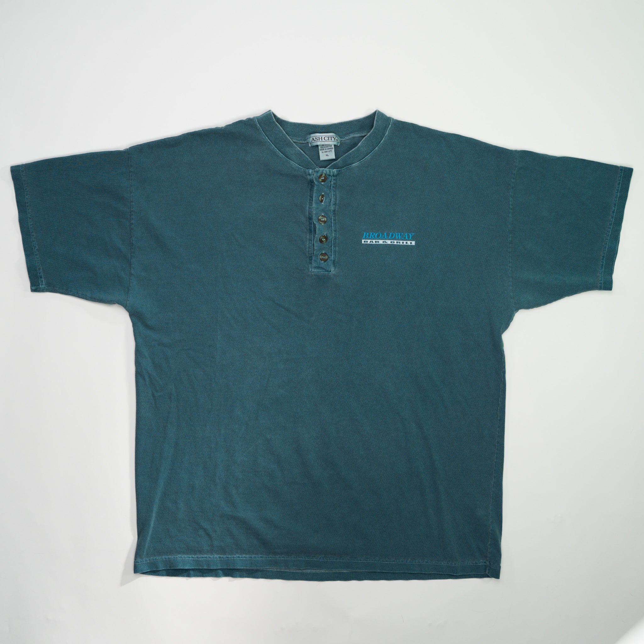 Vintage Washed Aqua Broadway Bar + Grill 1/4 Button Tee (L)