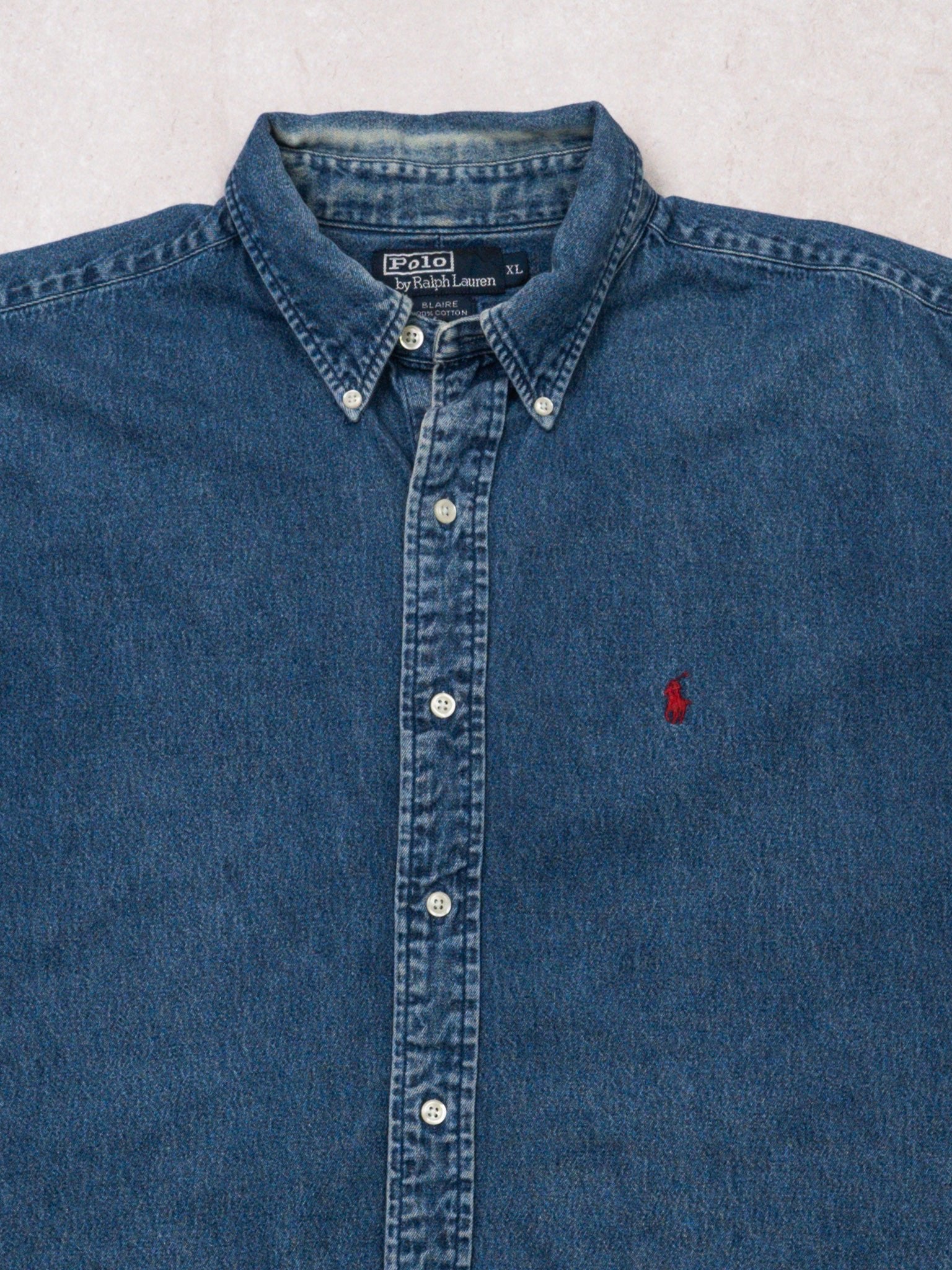 Vintage 90s Blue Polo RL Denim Button Up (XL)