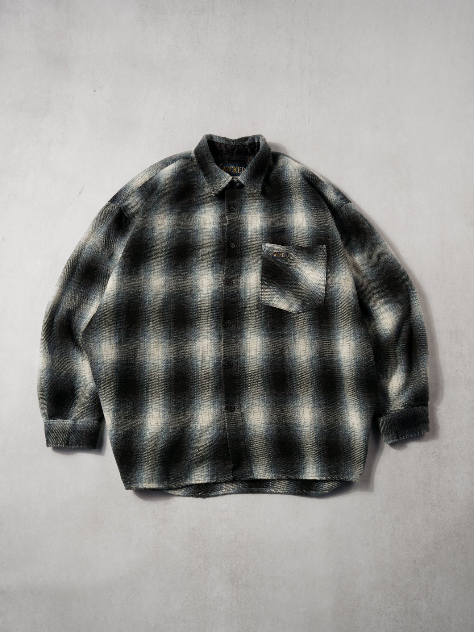 Vintage 90s Black and White Spotted Plaid Print Wicked Flannel (L)