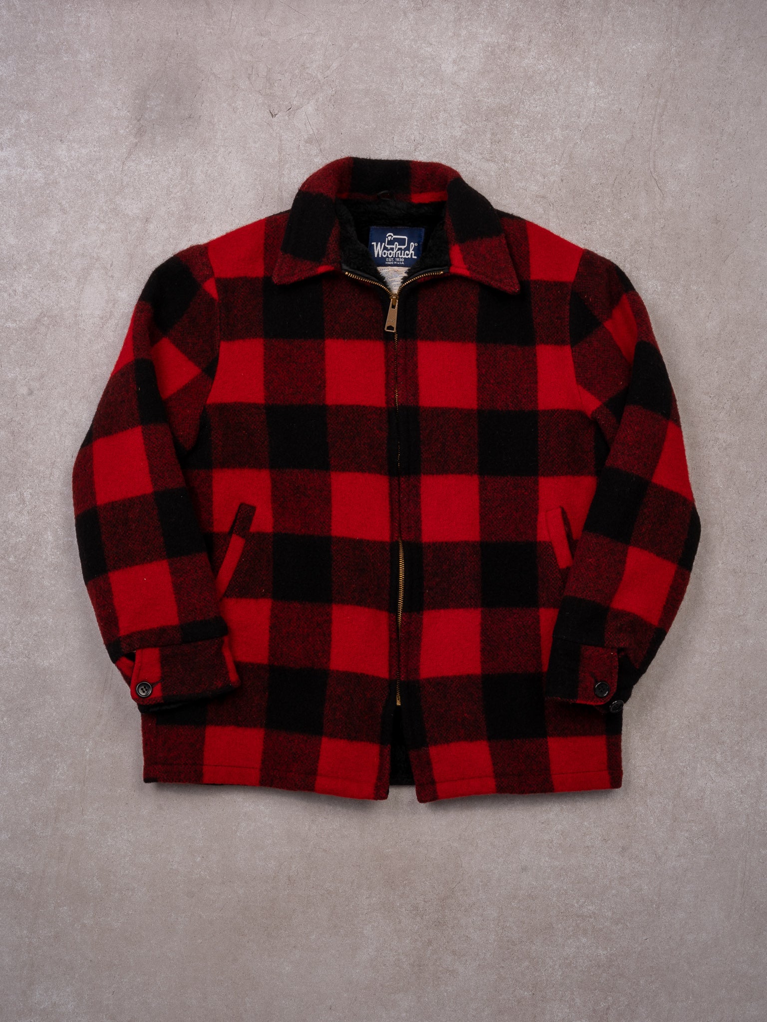 Vintage 90s Black + Red Checkered Woolrich Wool Jacket (M)