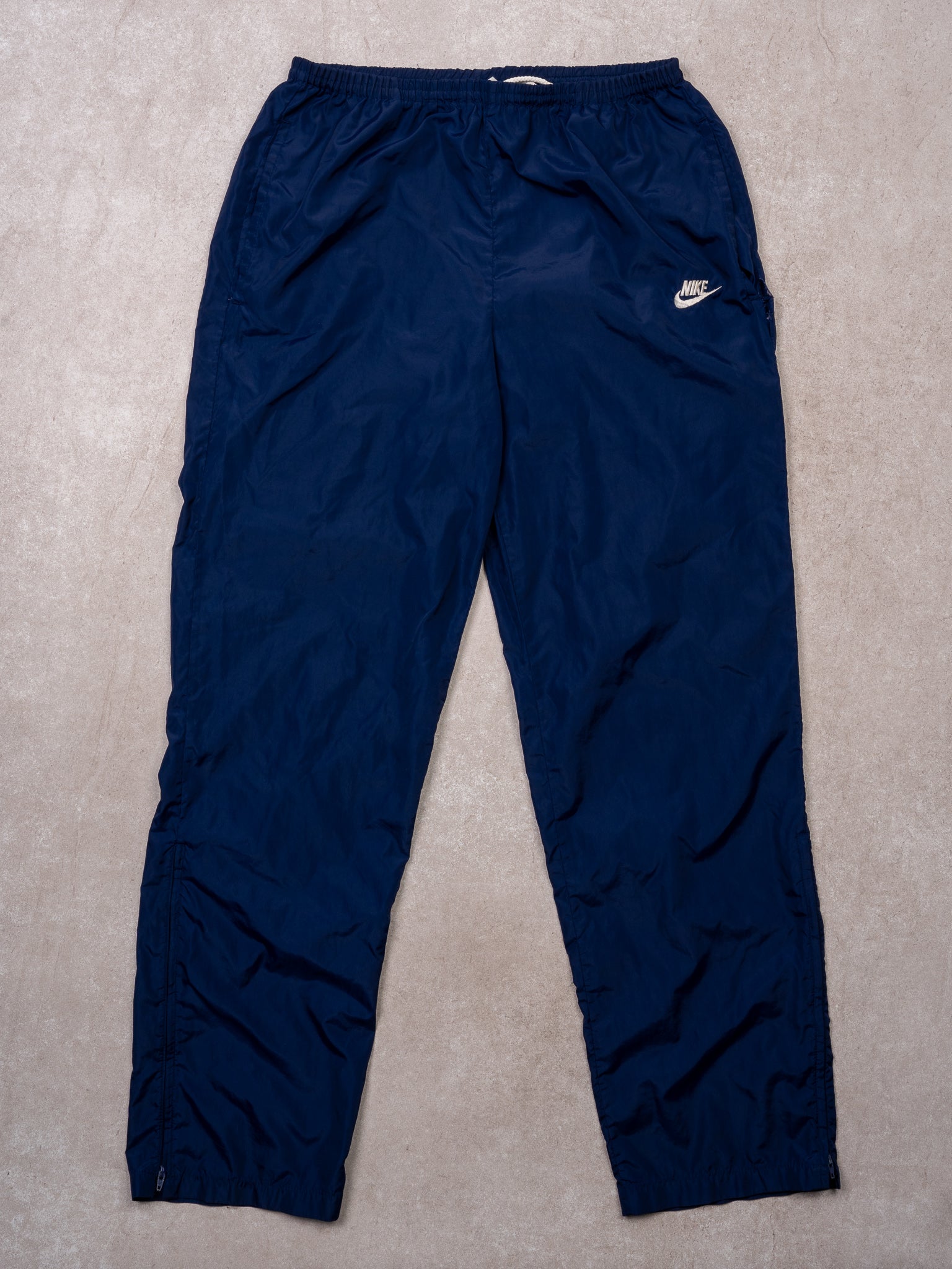 Vintage 90s Dark Blue + White Nike Windbreaker Pants (M)